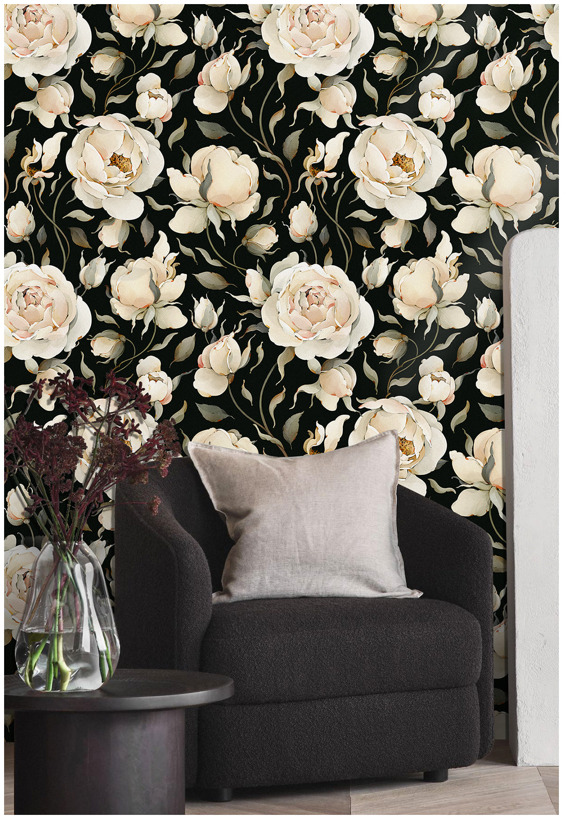 HaokHome Black Flower Peel and Stick Wallpaper Removable Vinyl Self Adhesive DIY Decor