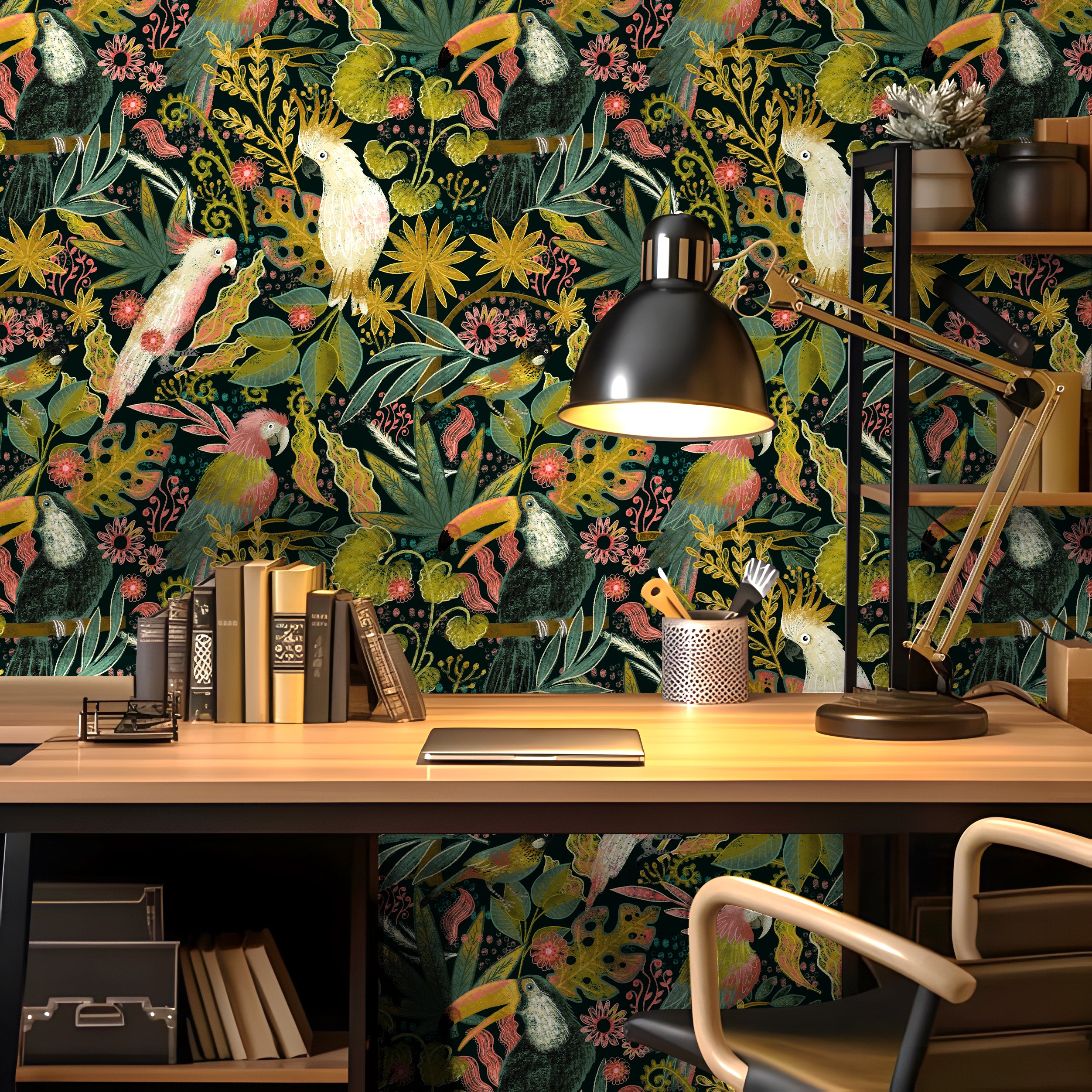 HaokHome Tropical Birds and Flowers Wallpaper – Colorful Cockatoos, Toucans, and Blooms on Dark Green Background
