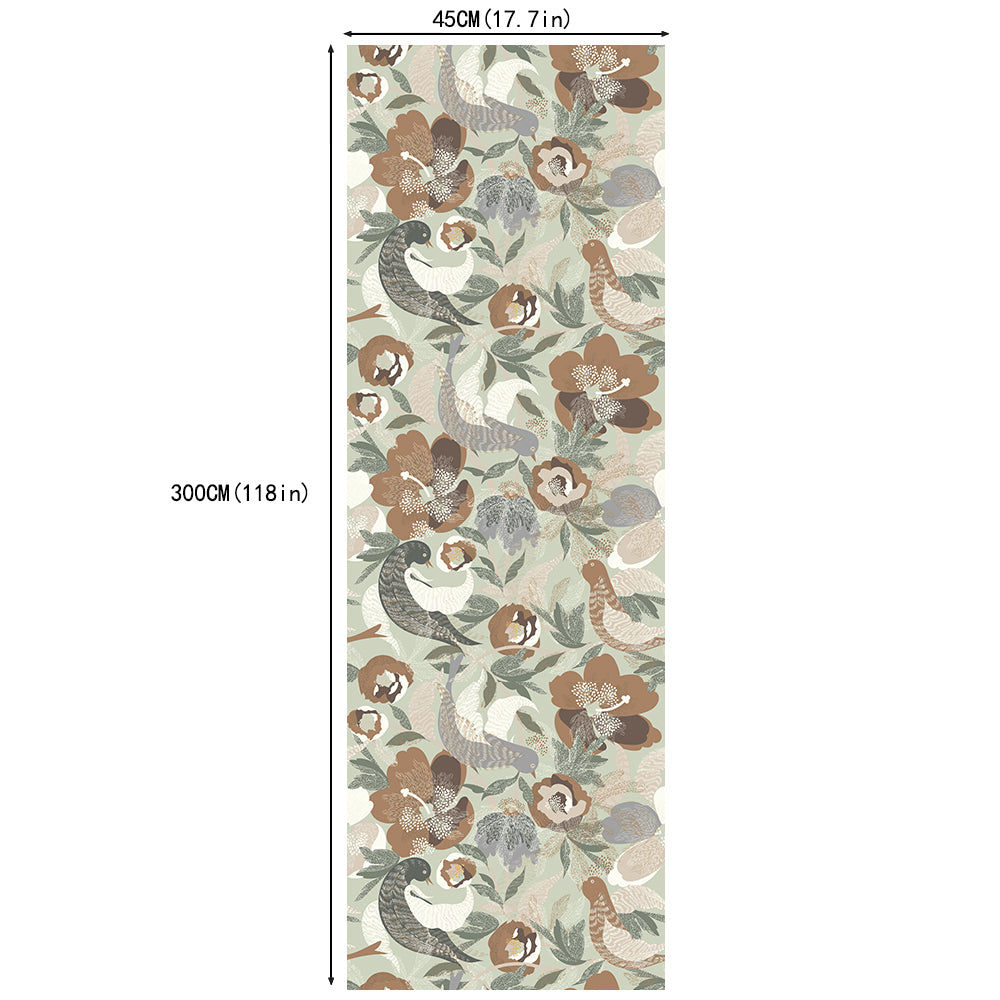 HaokHome Neutral Folk Bird floral Peel and Stick Wallpaper, Vintage Bird & Flower Removable Wallpaper