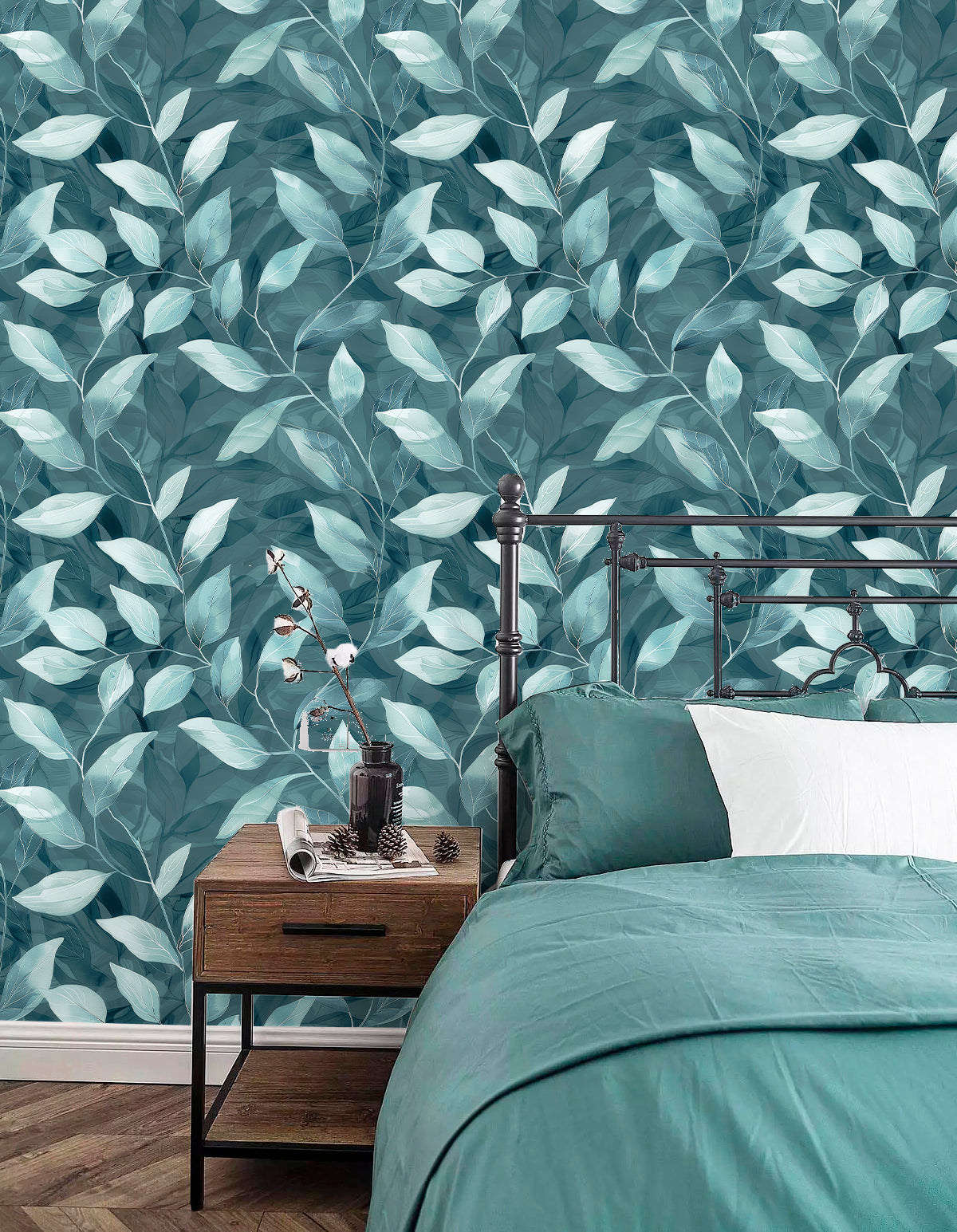Haokhome Dusty Teal Layered Leaf Removable Self‑Adhesive Wall Covering, Dark Green Watercolor Foliage Wallpaper