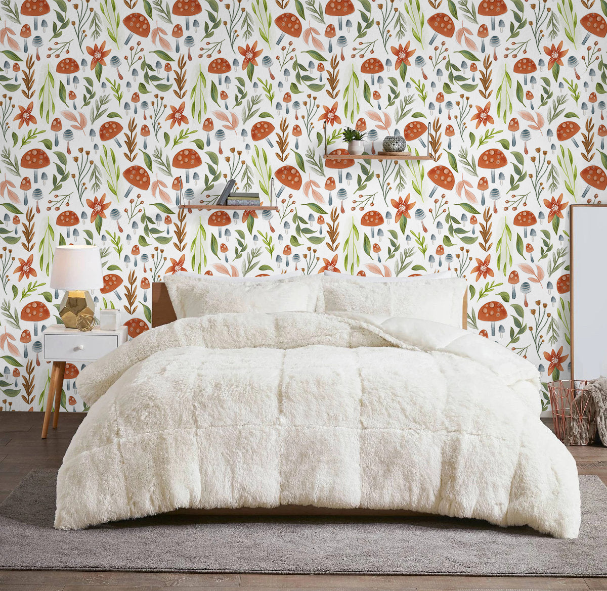 watercolor mushroom peel and stick wallpaper、whimsical forest botanical wallpaper、nursery mushroom removable wallpaper、boho woodland peel and stick wallpaper