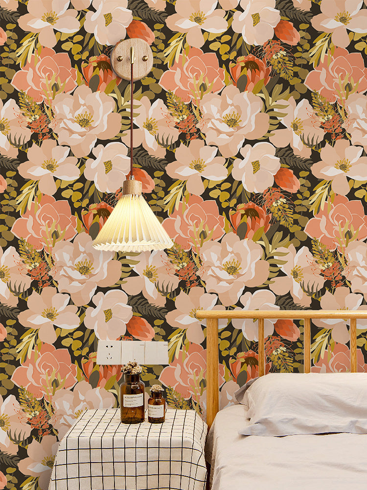 HaokHome Moody Dark Floral Peel and Stick Wallpaper, Blush Pink & Coral Protea Removable Wallpaper for Accent Wall