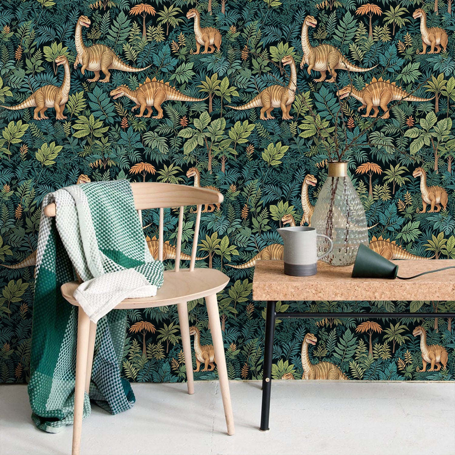 HaokHome Wallpaper Peel and Stick Dinosaur Jungle Foliage Wall Decor Removable Mural