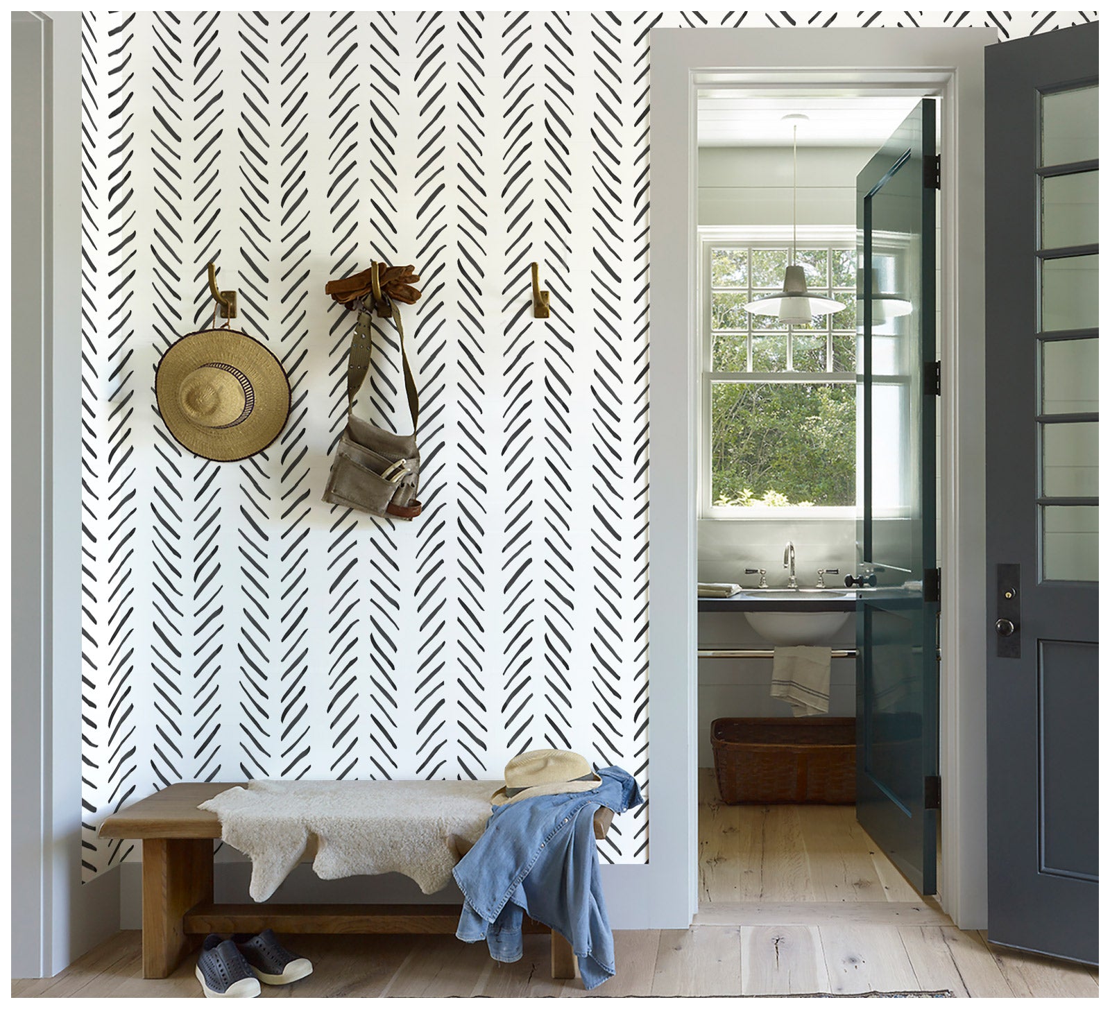 HaokHome Boho Peel and Stick Wallpaper Stripes Removable Black/White Chevron Vinyl Self Adhesive Mural Contact Paper