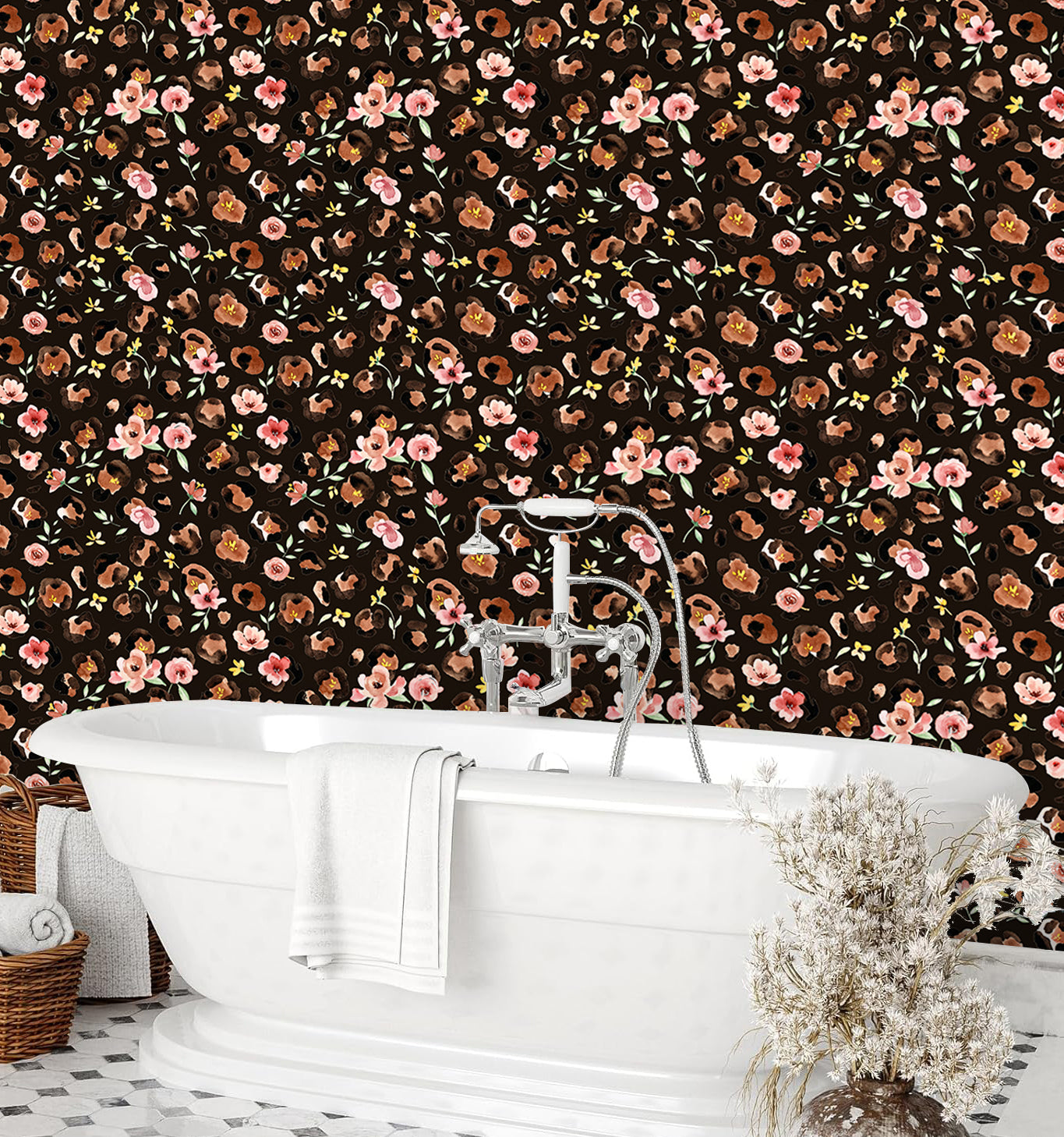 HaokHome Watercolor Leopard Floral Peel and Stick Wallpaper – Pink Flowers on Dark Brown Background