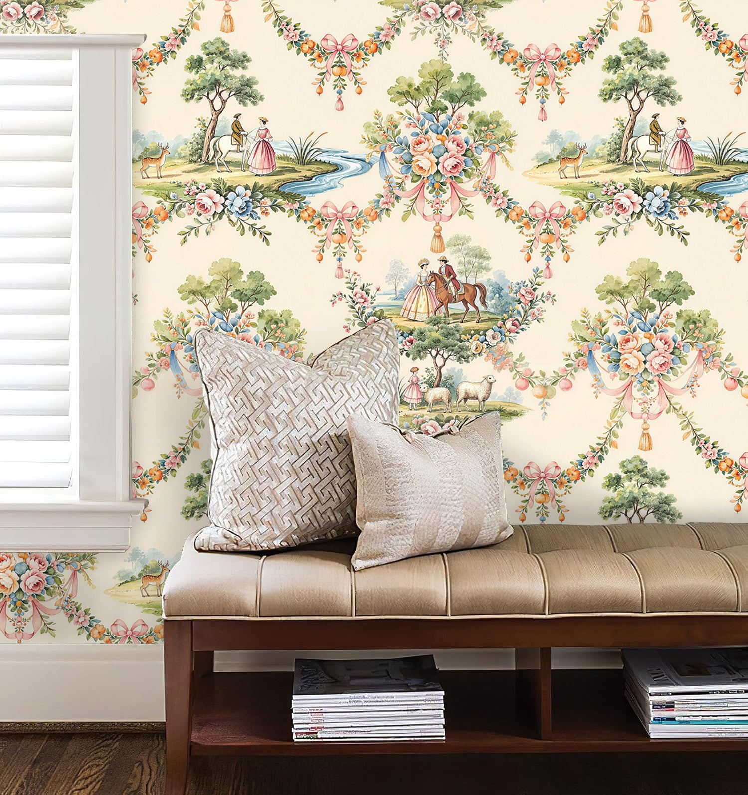HaokHome Vintage French Pastoral Peel and Stick Wallpaper, Elegant Floral & Equestrian Scenic Removable Self Adhesive Wallpaper, Soft Muted Tone