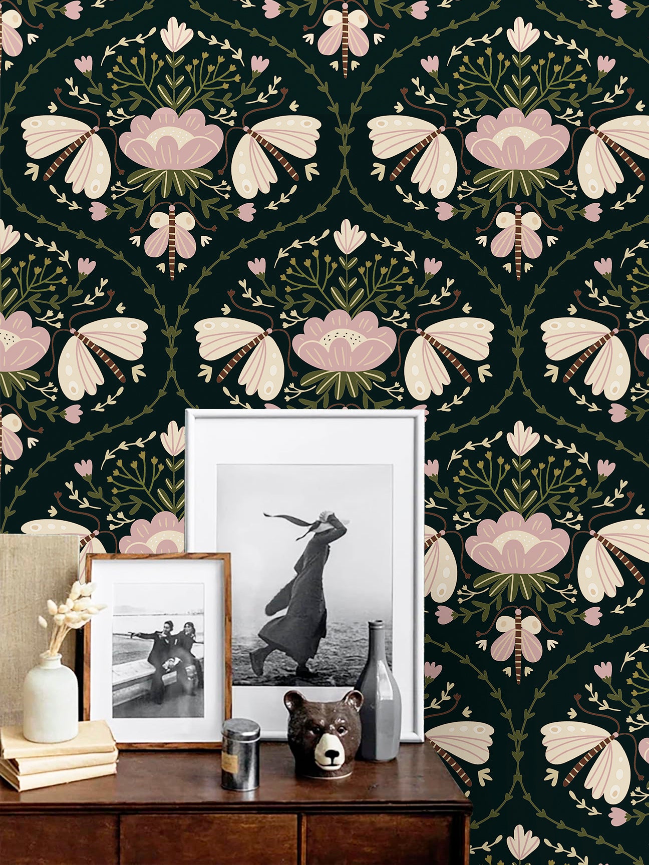 HaokHome Dark Green Folk Art Butterfly Floral Removable Self‑Adhesive Wall Covering