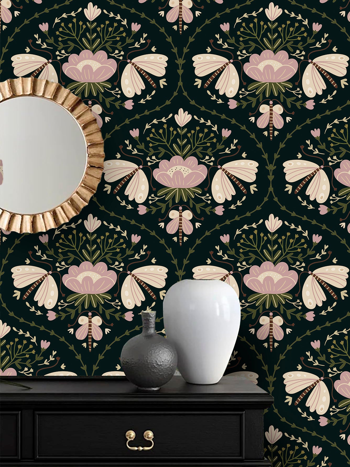 HaokHome Moody Black Floral Peel and Stick Wallpaper, Vintage Moth & Dahlia Removable Self Adhesive Wallpaper