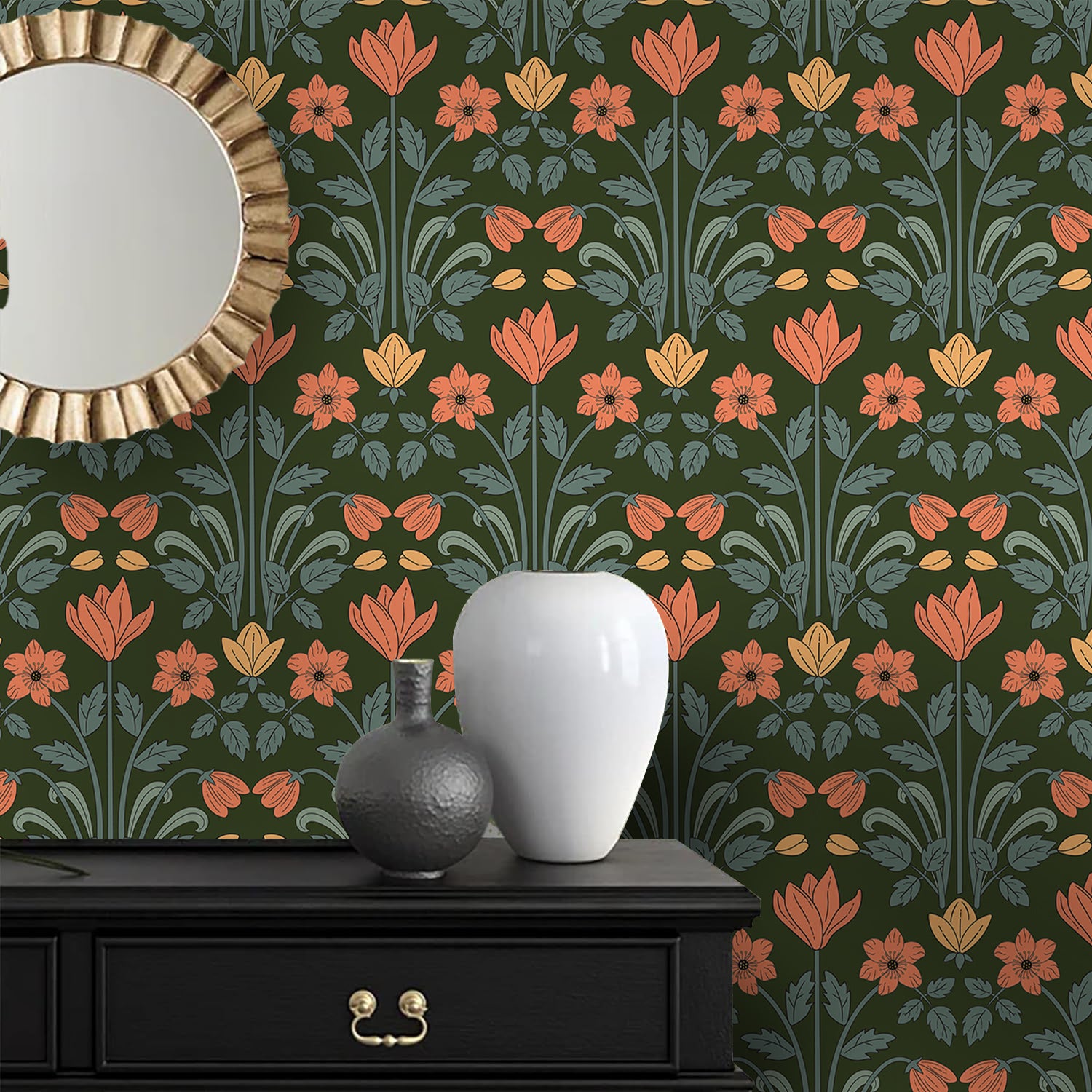 Dark Green Art Nouveau Symmetric Tulip Peel and Stick Floral Wallpaper