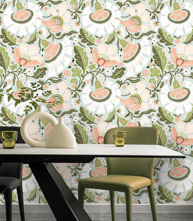 HaokHome Soft Folk Floral Peel and Stick Wallpaper, Mint Green & Blush Pink Removable Wallpaper for Nursery