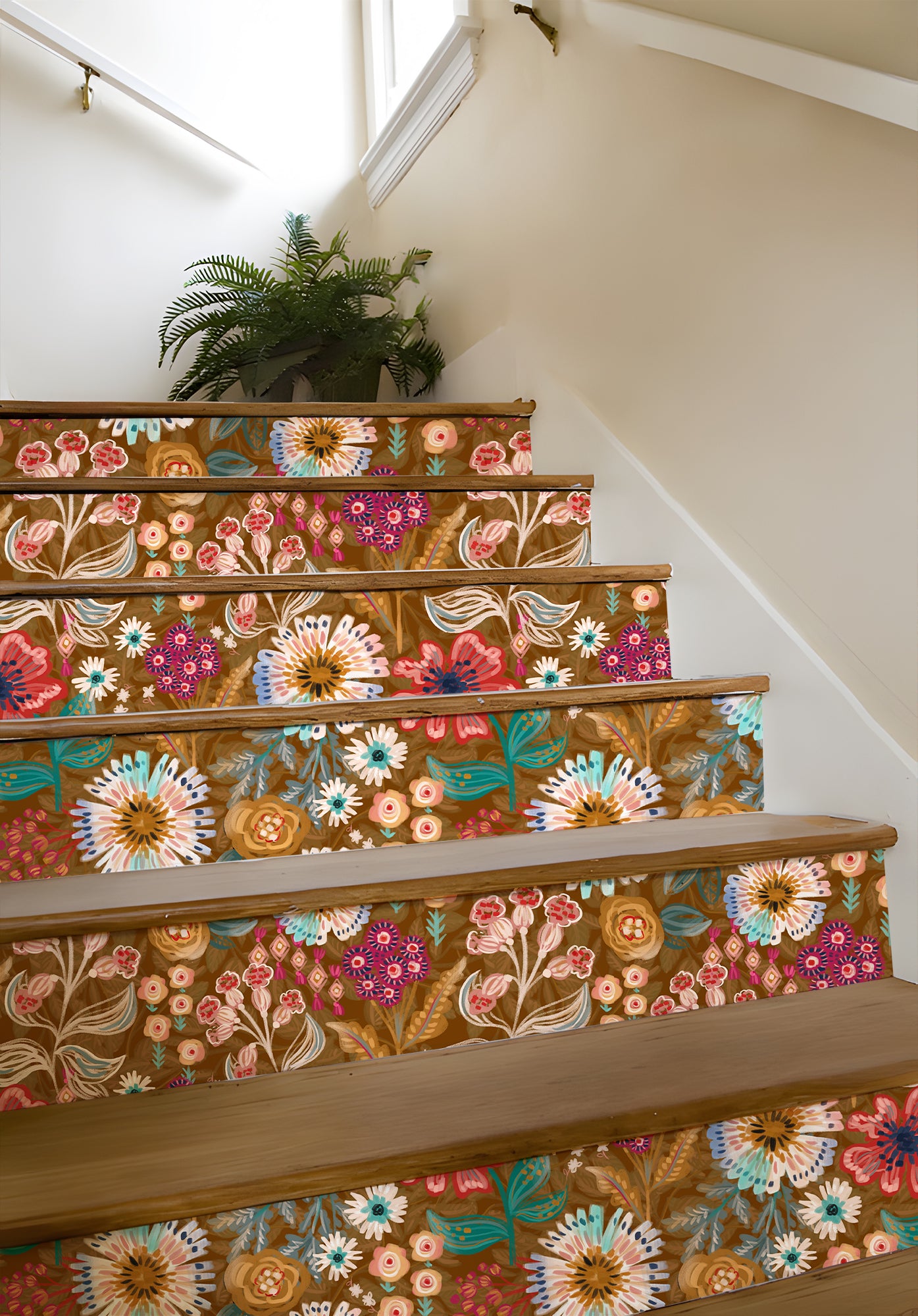 HaokHome Peel and Stick Wallpaper Warm Brown Folk Wildflower Hand‑Painted Botanical Removable Wallpaper for Accent Wall