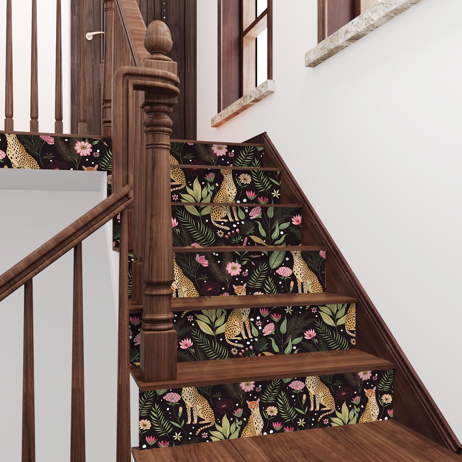 HaokHome Elegant Leopard and Floral Wallpaper Black Background with Vibrant Botanical Design
