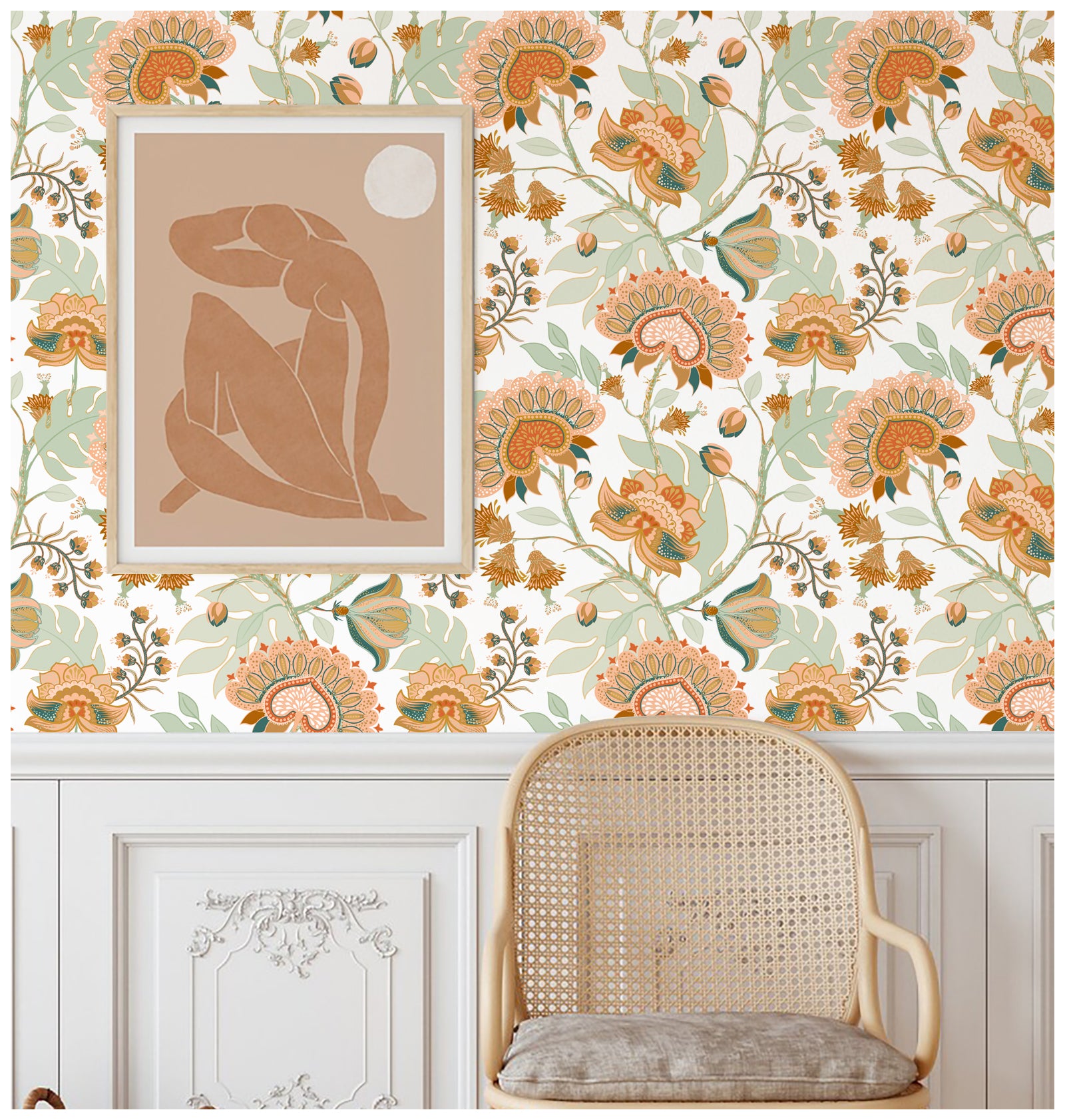 HaokHome Boho Wallpaper Vintage Chomper Flower Peel and Stick Wall Paper for Home Decor Countertops Cabinets