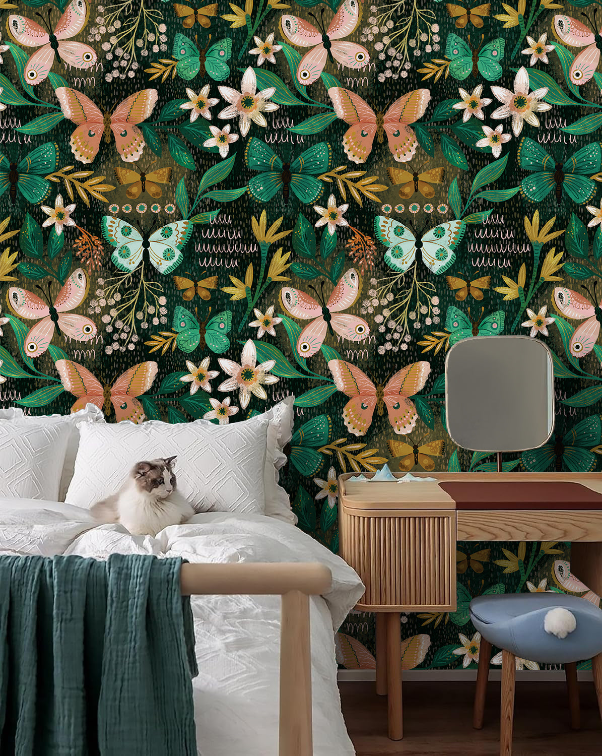 HaokHome Butterfly and Flower Wallpaper – Colorful Butterflies and Floral Motifs on Dark Green Background for Living Room & Bedroom