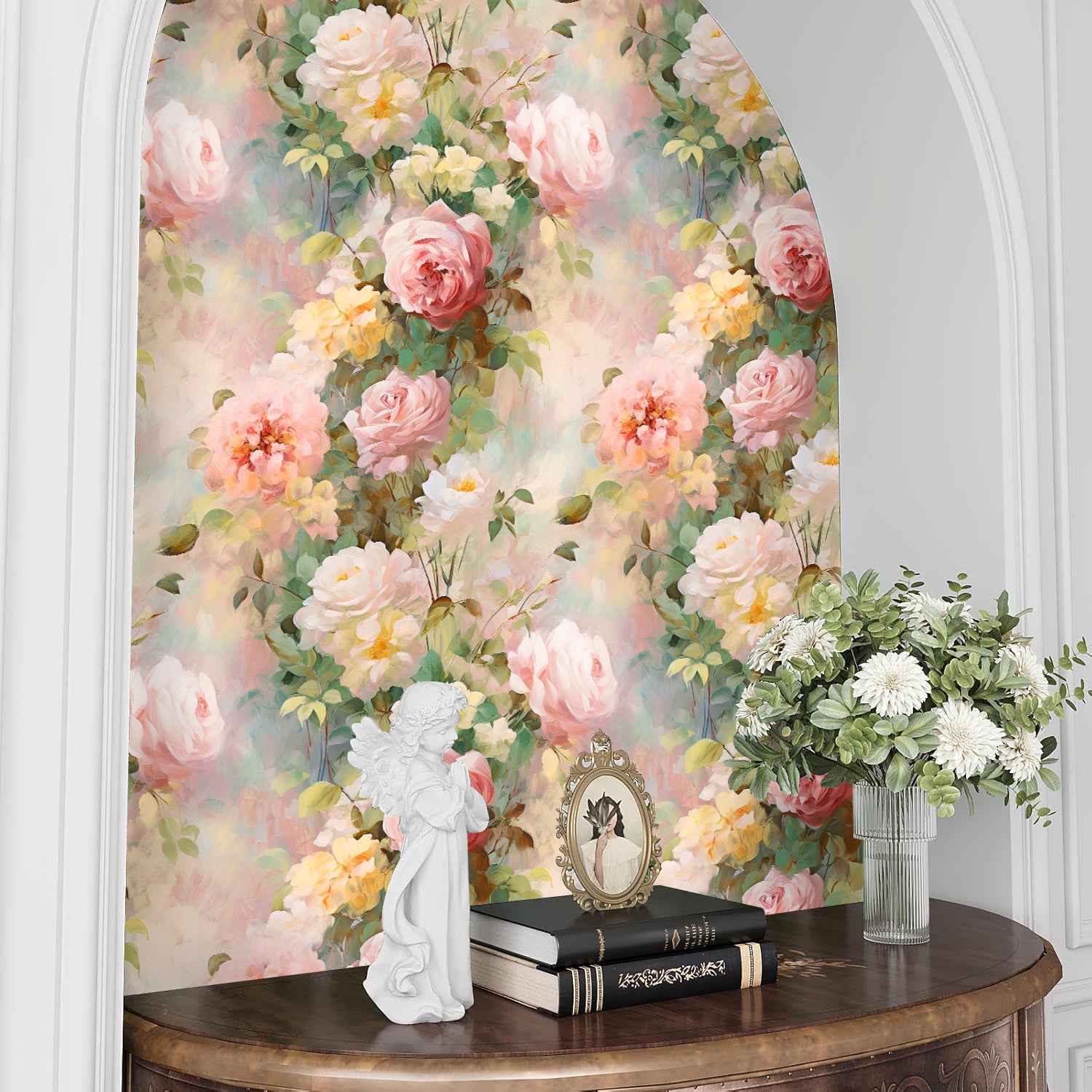 HaokHome Soft Oil Painting Rose Peel and Stick Wallpaper, Light Pastel Floral Removable Wallpaper, Cozy Bedroom Makeover