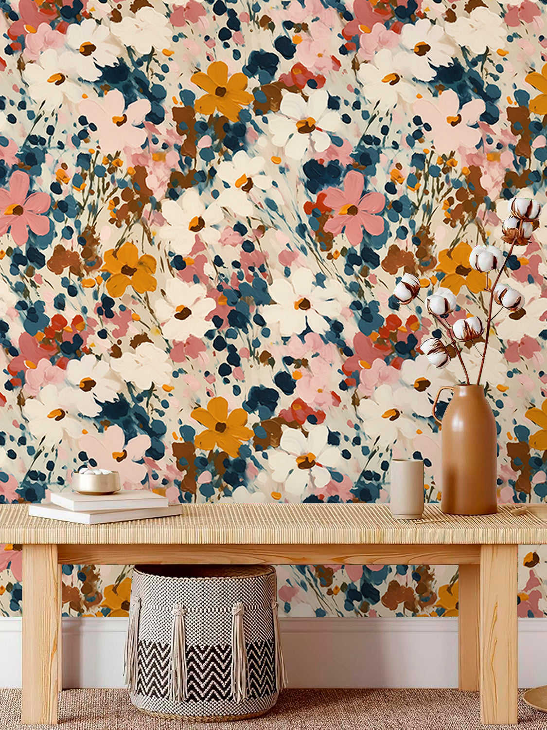 HaokHome Peel and Stick Wallpaper Abstract Oil Painting Colorful Wildflower Wall Mural Removable Self Adhesive Boho Art Floral Wallpaper