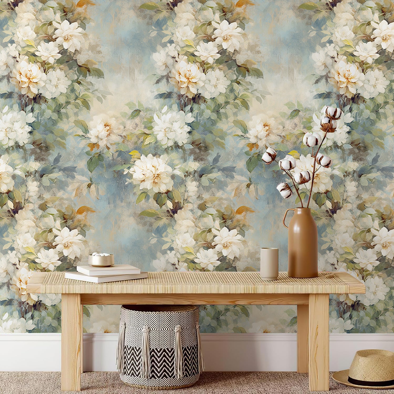 HaokHome Peel and Stick Wallpaper Rustic Vintage White Peony Oil Painting Wall Mural Removable Self Adhesive Soft Cottage Floral Wallpaper