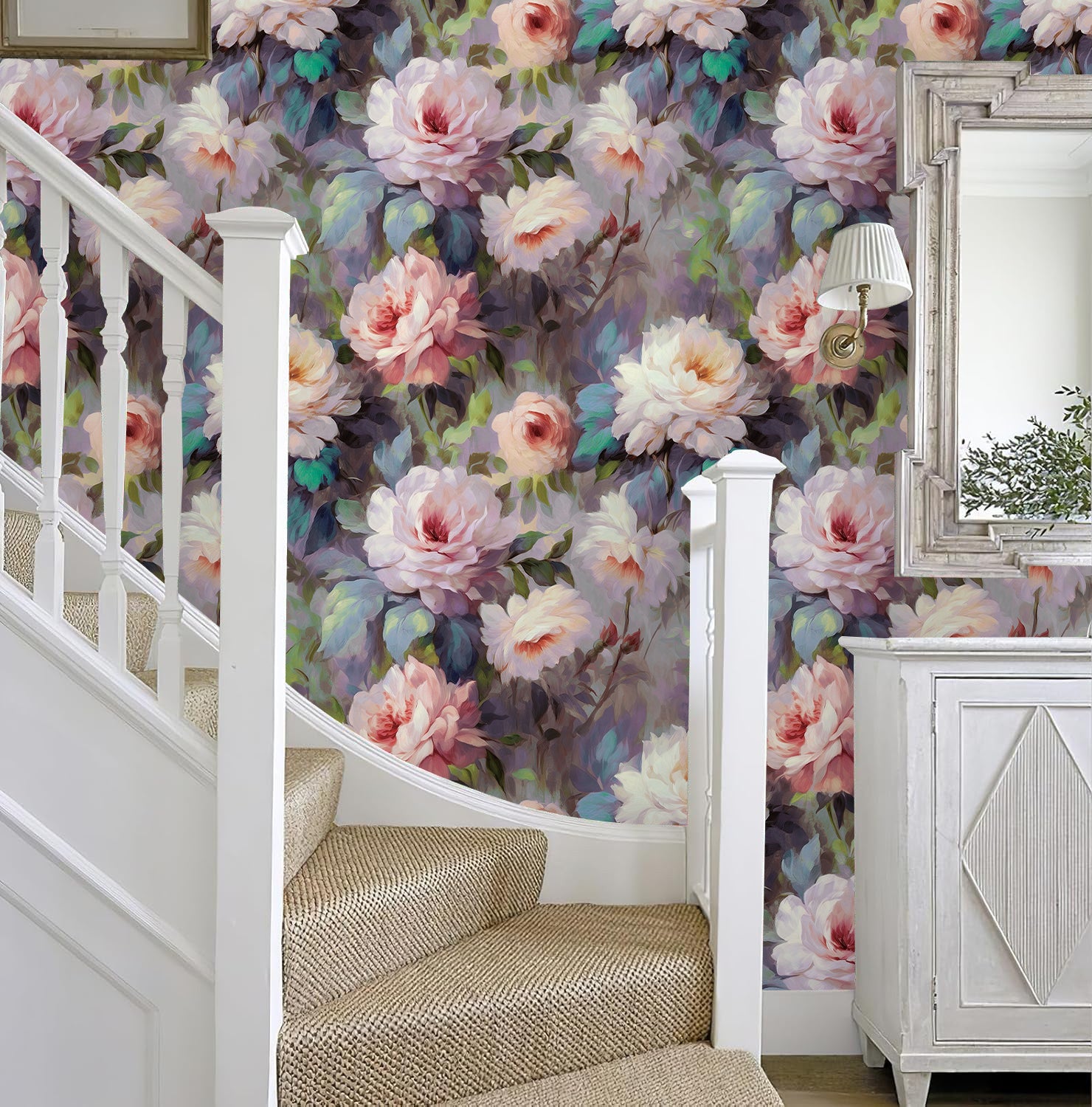 HaokHome Peel and Stick Wallpaper Vintage Oil Painting Peony Floral Style, Soft Pastel Muted Tone Removable Self Adhesive Wallpaper for Bedroom & Living Room