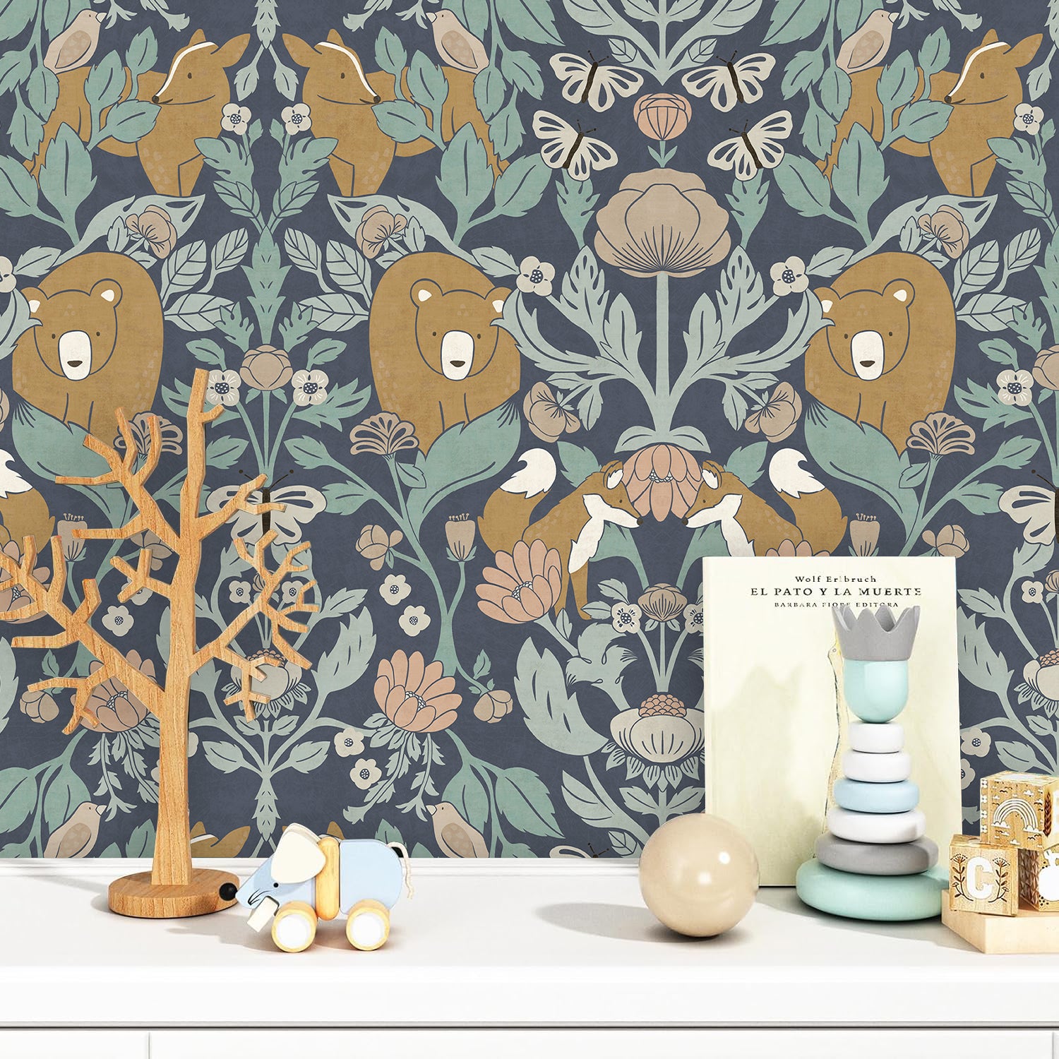 HaokHome Whimsical Woodland Wallpaper – Bears, Foxes & Butterflies in Soft Pastel Floral Design for Nursery & Living Rooms