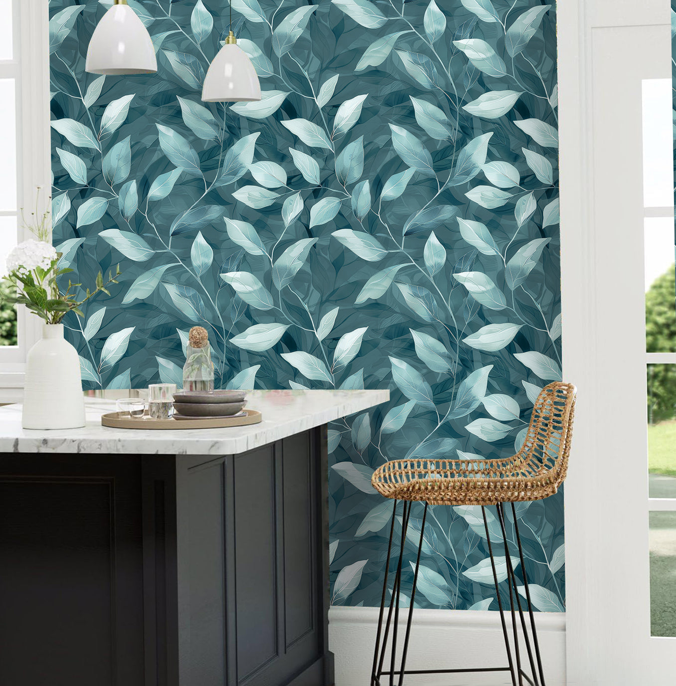 Haokhome Dusty Teal Layered Leaf Removable Self‑Adhesive Wall Covering, Dark Green Watercolor Foliage Wallpaper