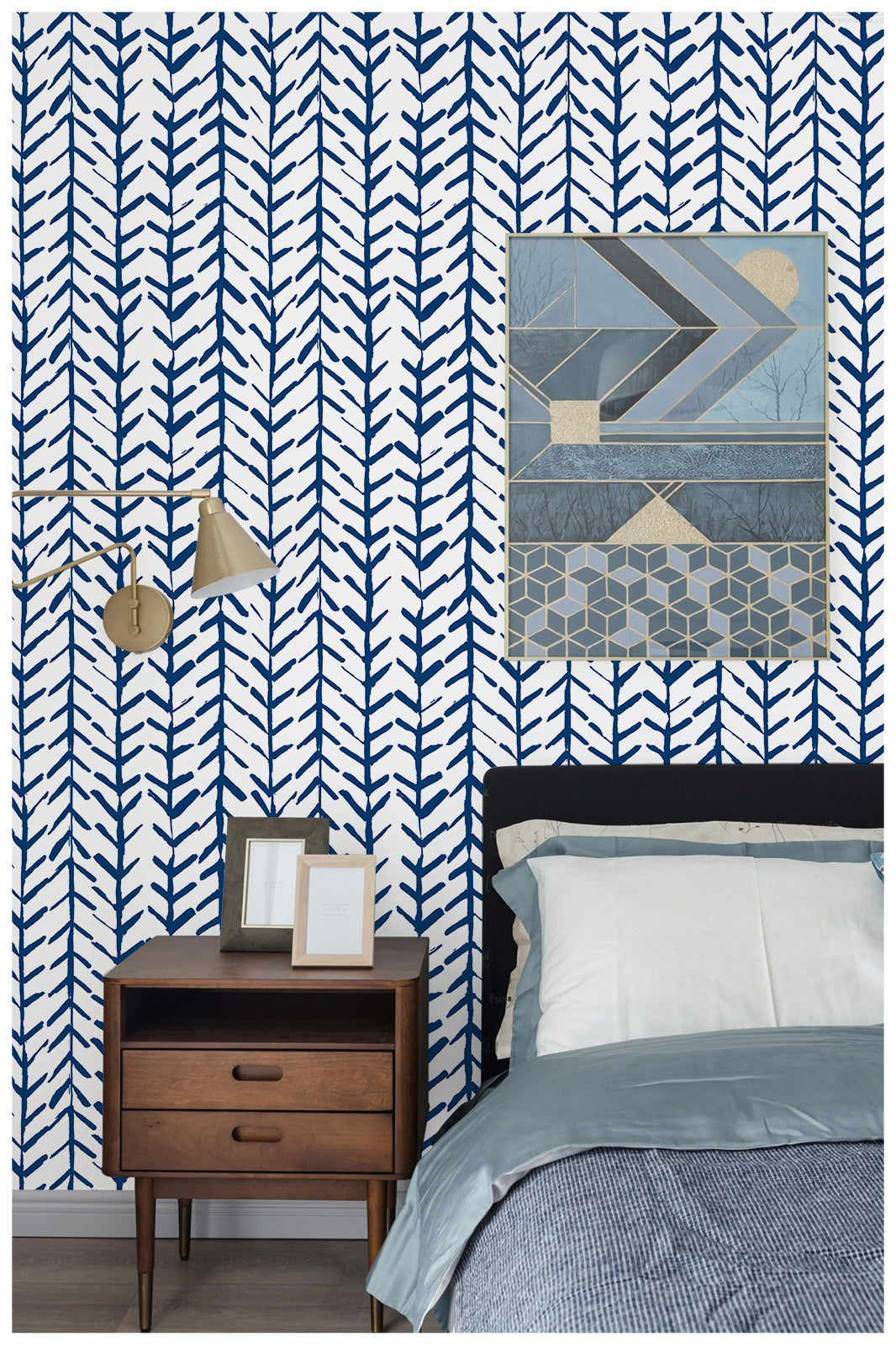 HaokHome Navy Blue Geometric Chevron Leaf Peel and Stick Wallpaper Modern Minimalist Removable Accent Wall Mural