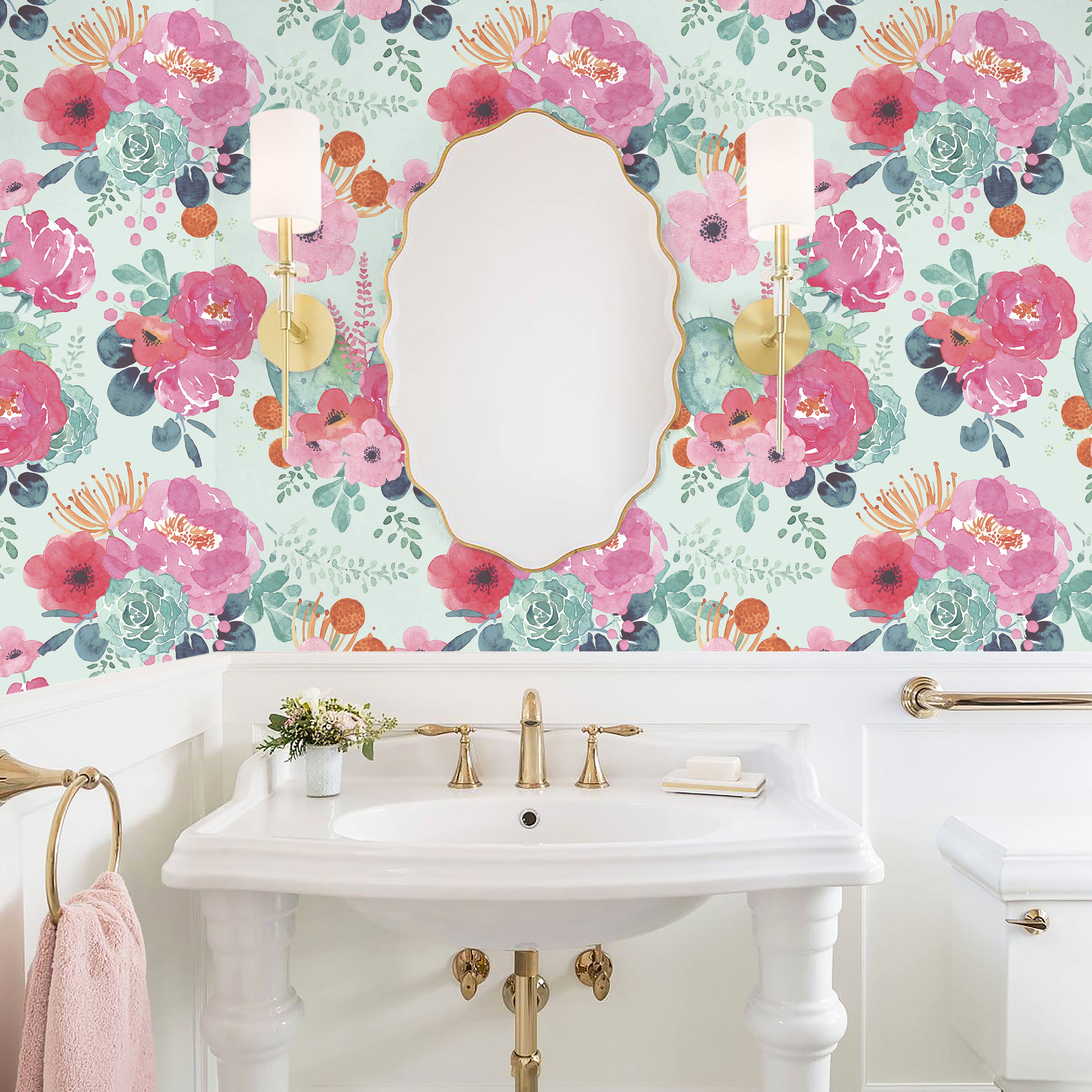 HaokHome Peel and Stick Wallpaper Mint Green Watercolor Peony Floral Wall Mural Removable Self Adhesive Soft Botanical Wallpaper