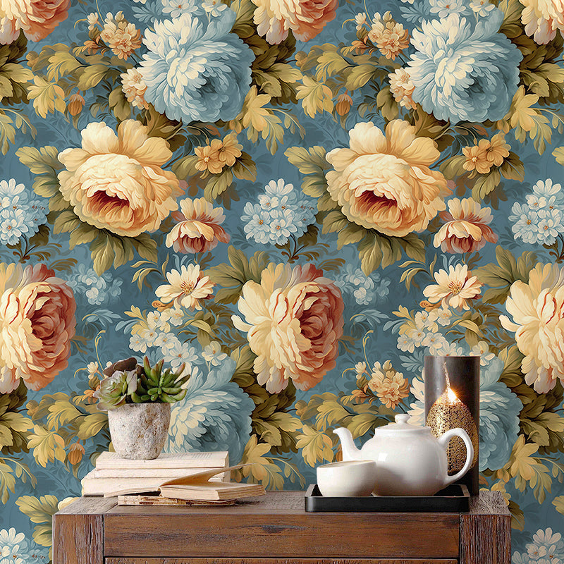 HaokHome Wallpaper Peel and Stick Floral Vintage Blue/Gold/White Classic Wall Decor Living Room Removable Mural