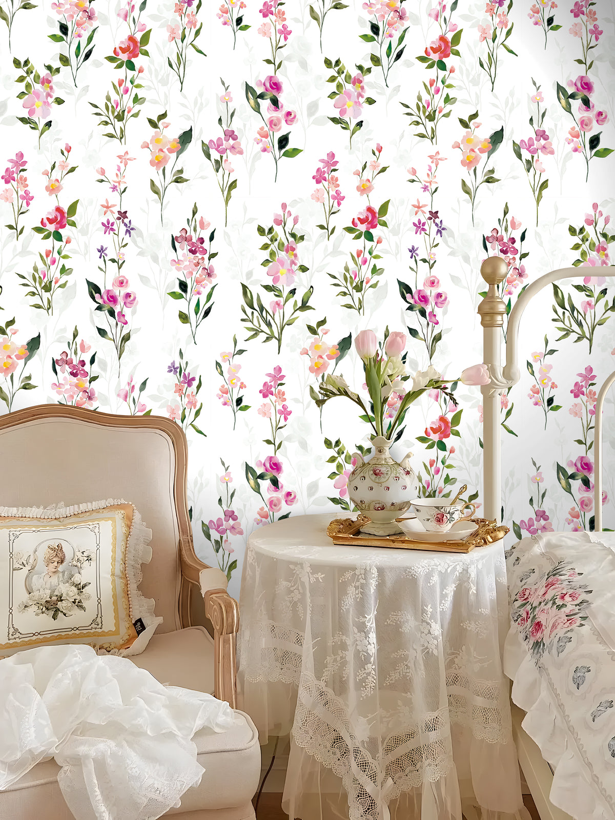 HaokHome Watercolor Wildflower Removable Self‑Adhesive Wall Covering, Pink Purple Botanical Peel and Stick Wallpaper