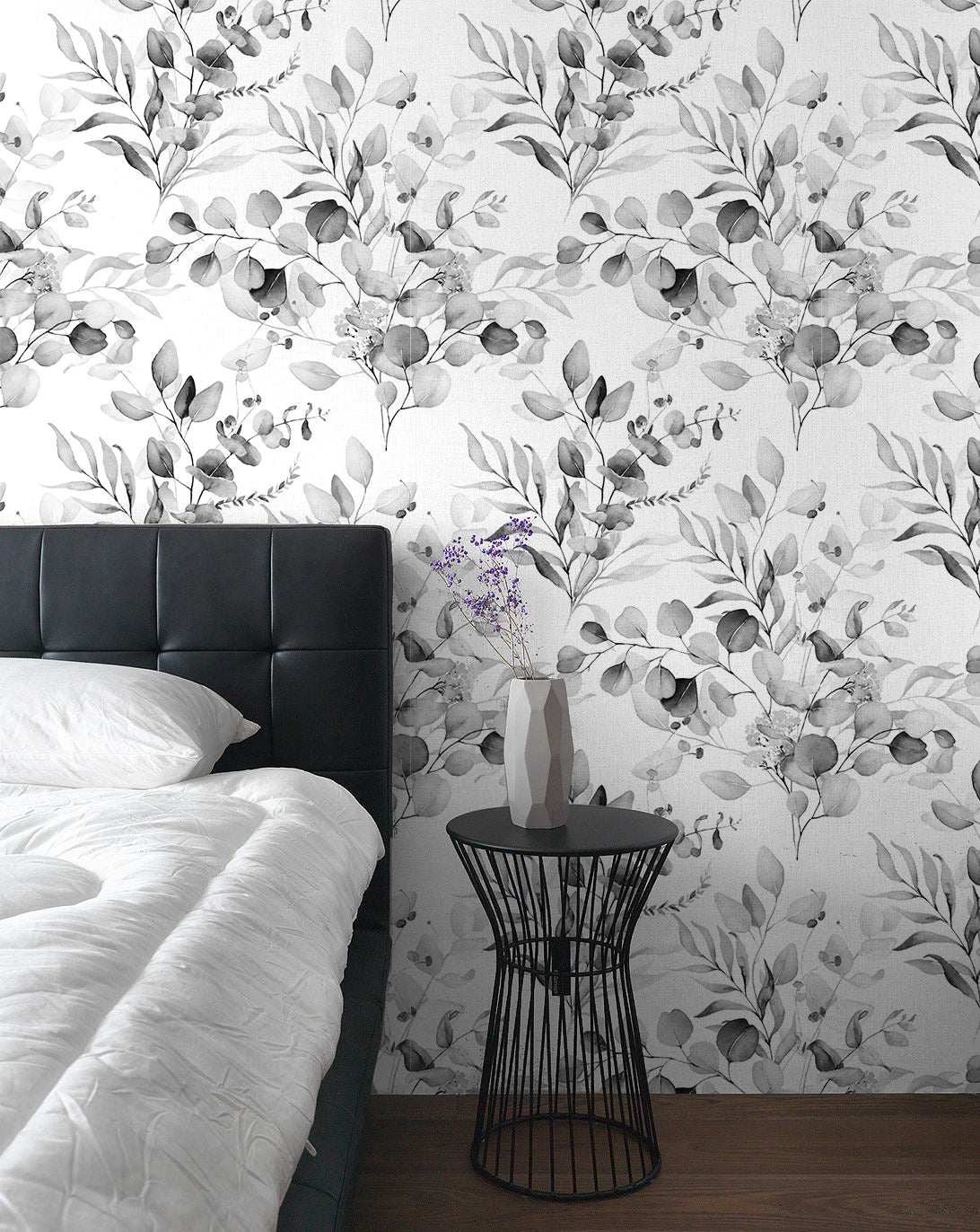 HaokHome Peel and Stick Wallpaper Boho Black/Grey/White Eucalyptus Leaf Floral Wall Mural Home Nursery Boho Contact Paper