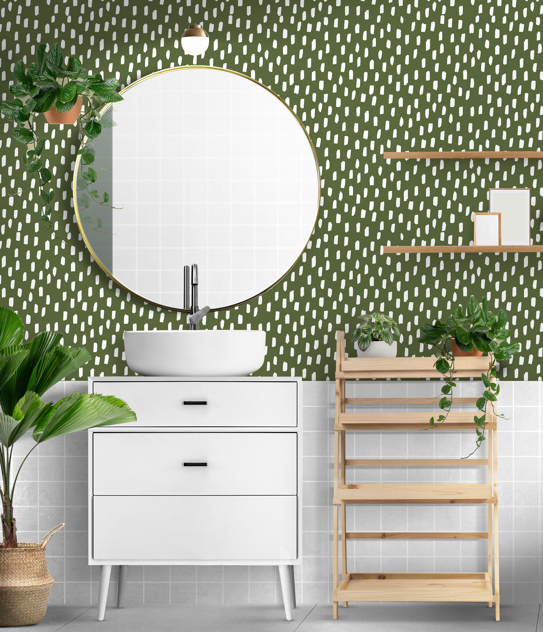 HaokHome Peel and Stick Wallpaper Olive Green Hand Drawn White Dash Dot Wall Mural Removable Self Adhesive Minimalist Neutral Wallpaper