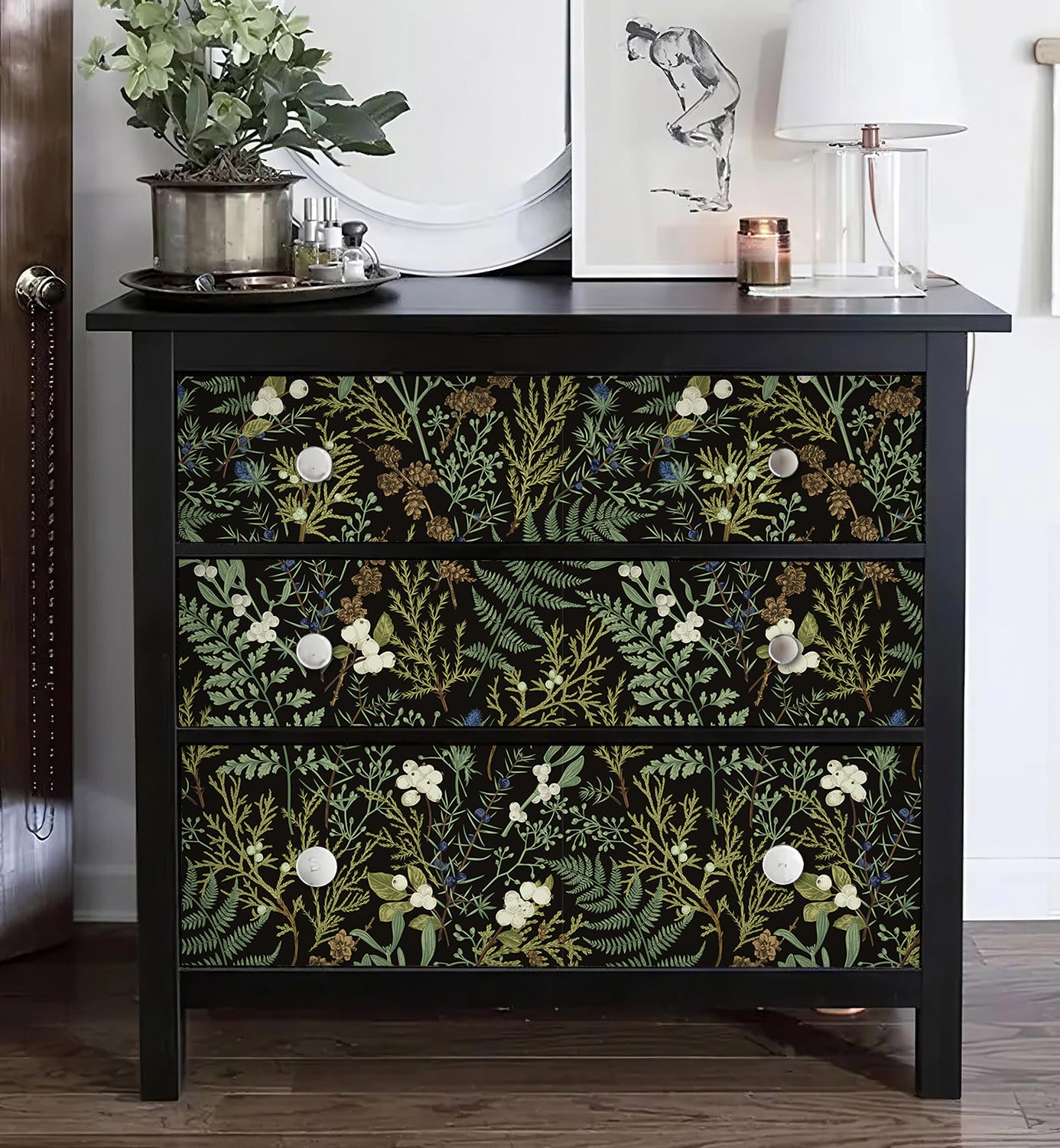 Dark Winter Botanical Wallpaper – Vintage Pine Cone Fern Wild Berry Print