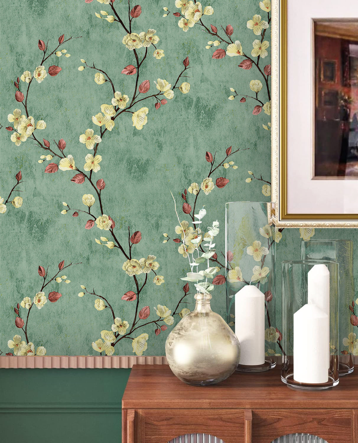 HaokHome Peel and Stick  Retro American Dark Green Floral Waterproof Wallpaper