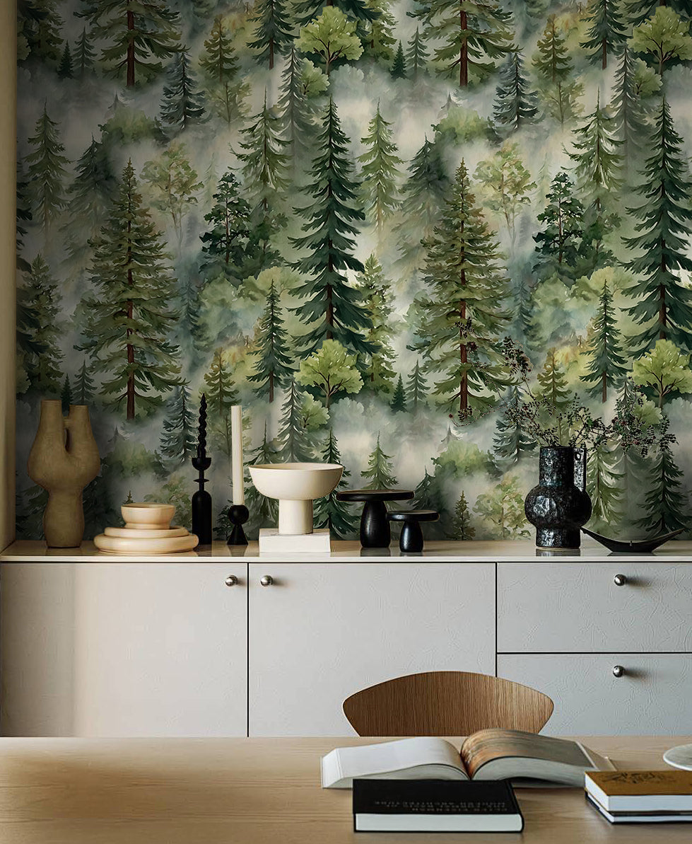 HaokHome Misty Forest Watercolor Pine Tree Peel and Stick Wallpaper, Removable Nature Woodland Wall Mural