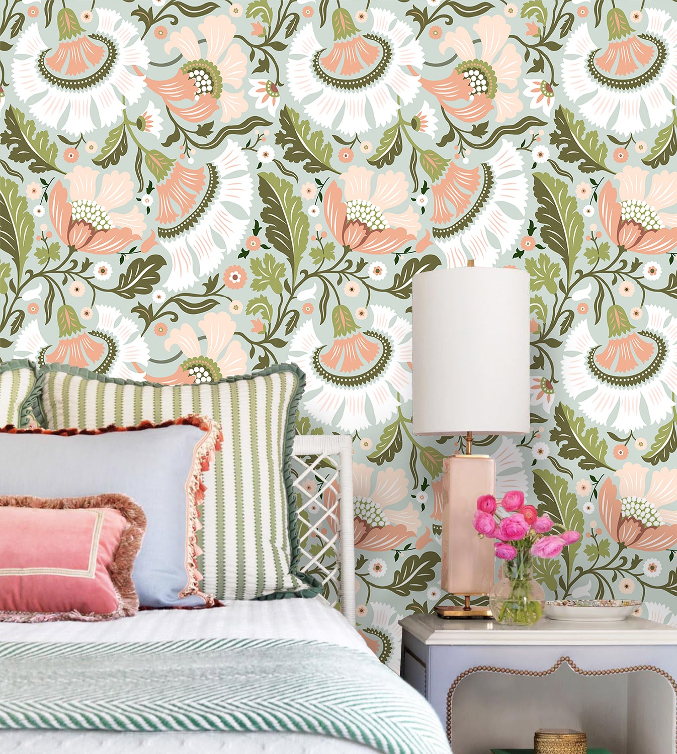 HaokHome Soft Folk Floral Peel and Stick Wallpaper, Mint Green & Blush Pink Removable Wallpaper for Nursery