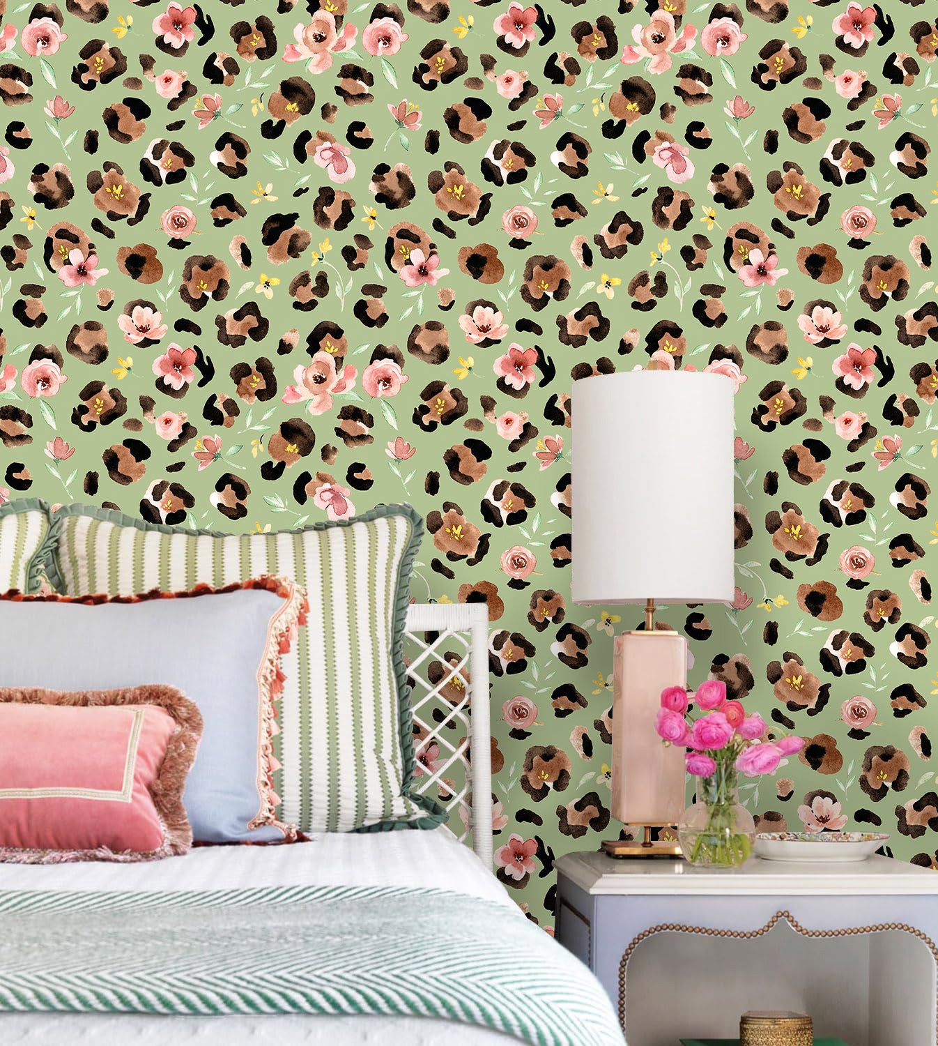 HaokHome Watercolor Leopard Floral Peel and Stick Wallpaper – Pink Flowers on Sage Green Background