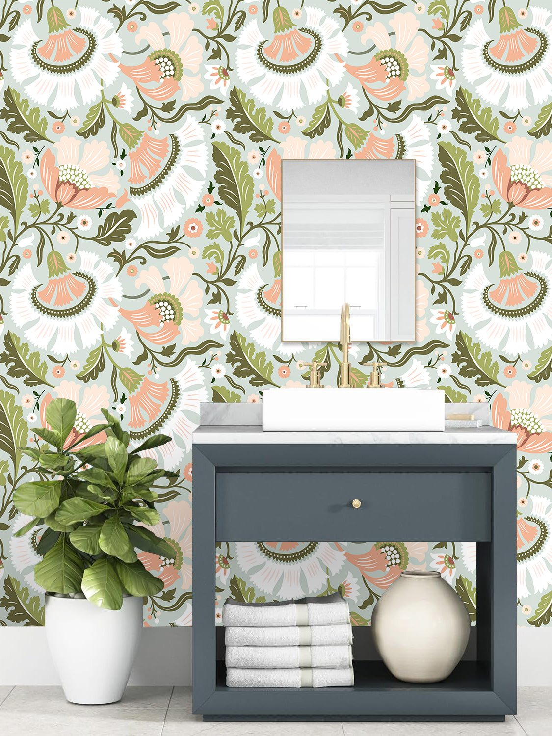 HaokHome Soft Folk Floral Peel and Stick Wallpaper, Mint Green & Blush Pink Removable Wallpaper for Nursery