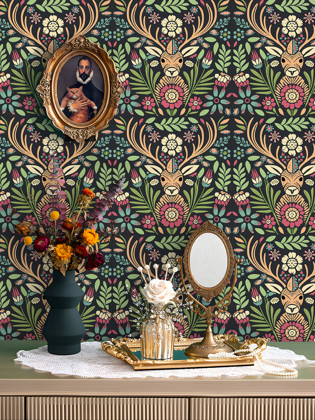 HaokHome Wallpaper Peel and Stick Floral Deer Green/Red/Yellow Boho Wall Decor Removable Mural