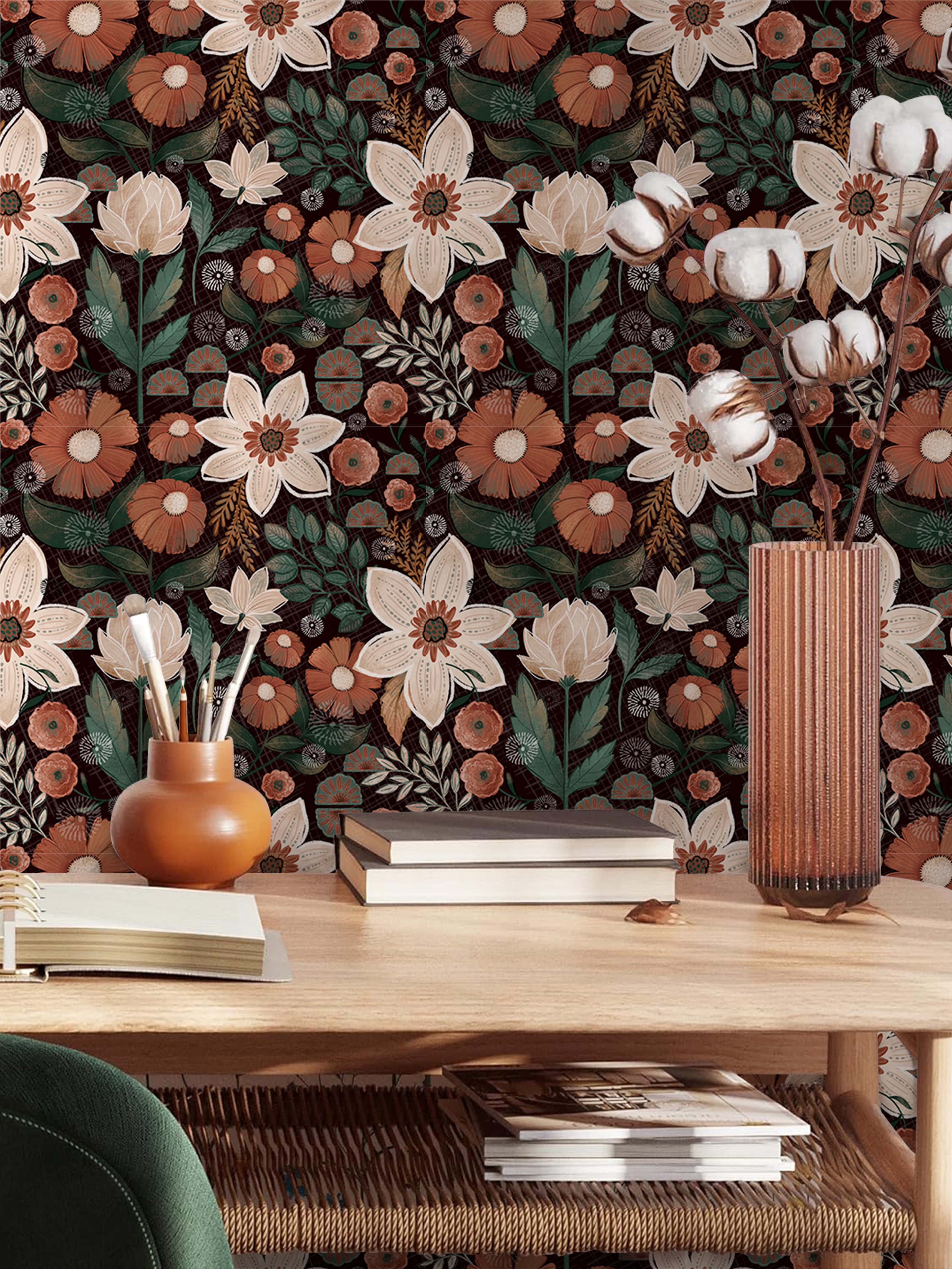 HaokHome Wallpaper Peel and Stick Floral Botanical Dark Brown/Beige/Green Retro Wall Decor Removable Mural for Bedroom & Living Room