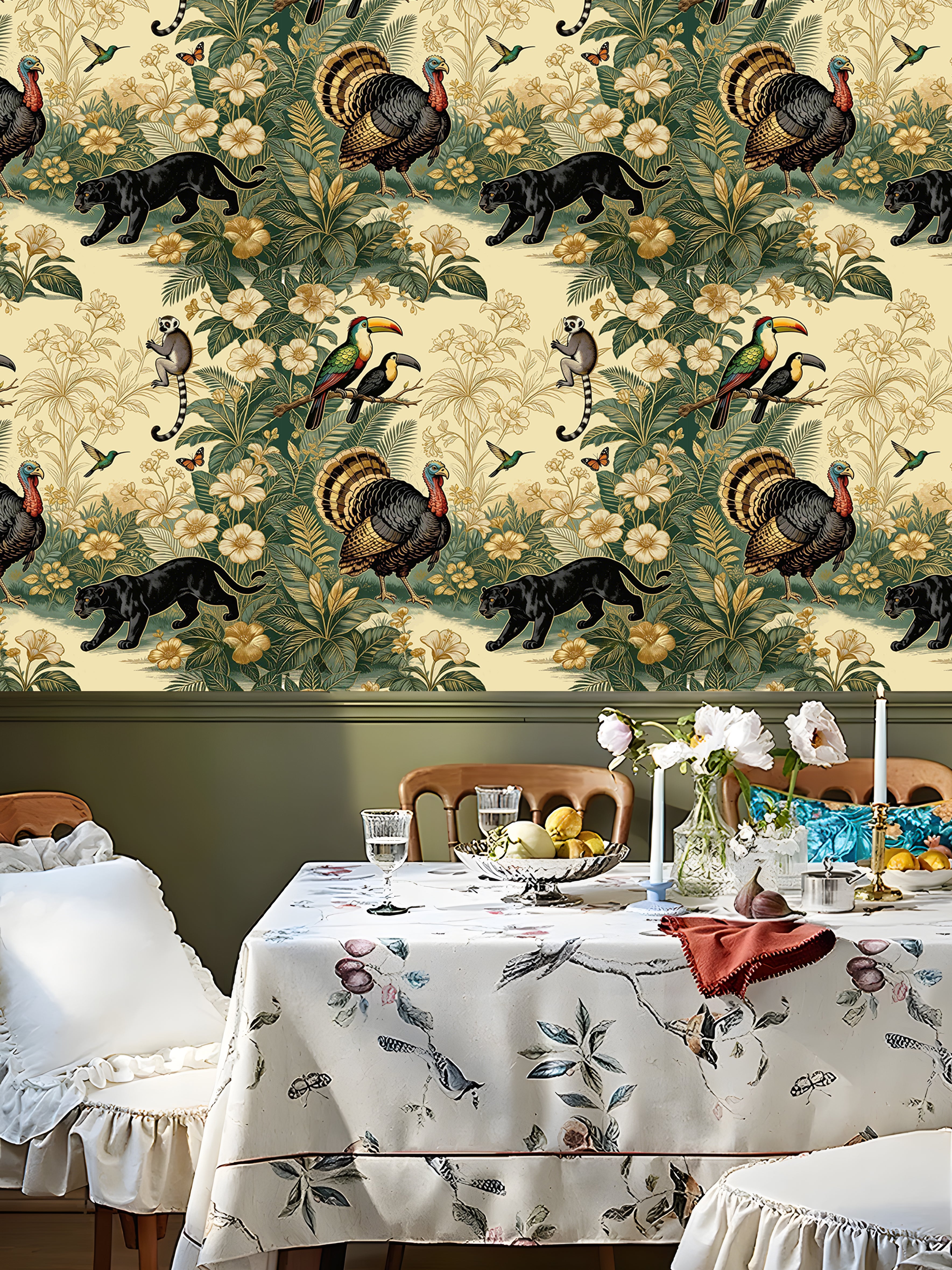 HaokHome Peel and Stick Wallpaper Vintage Tropical Jungle Animal Botanical Jaguar & Toucan Nature Style Removable Self Adhesive Wallpaper for Living Room & Bedroom