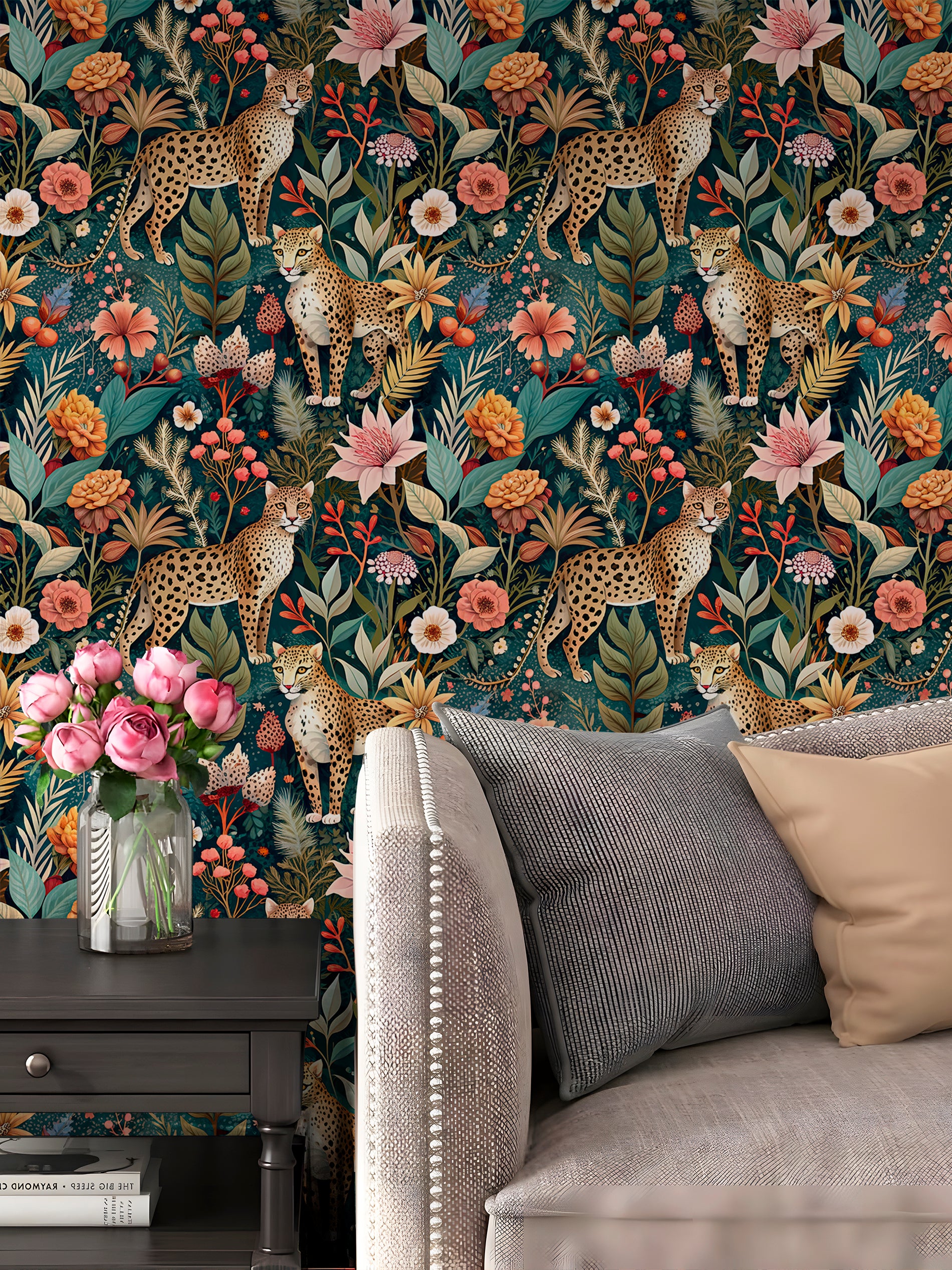 HaokHome Tropical Leopard Animal Forest Peel and Stick Wallpaper - Removable Vinyl DIY Decor