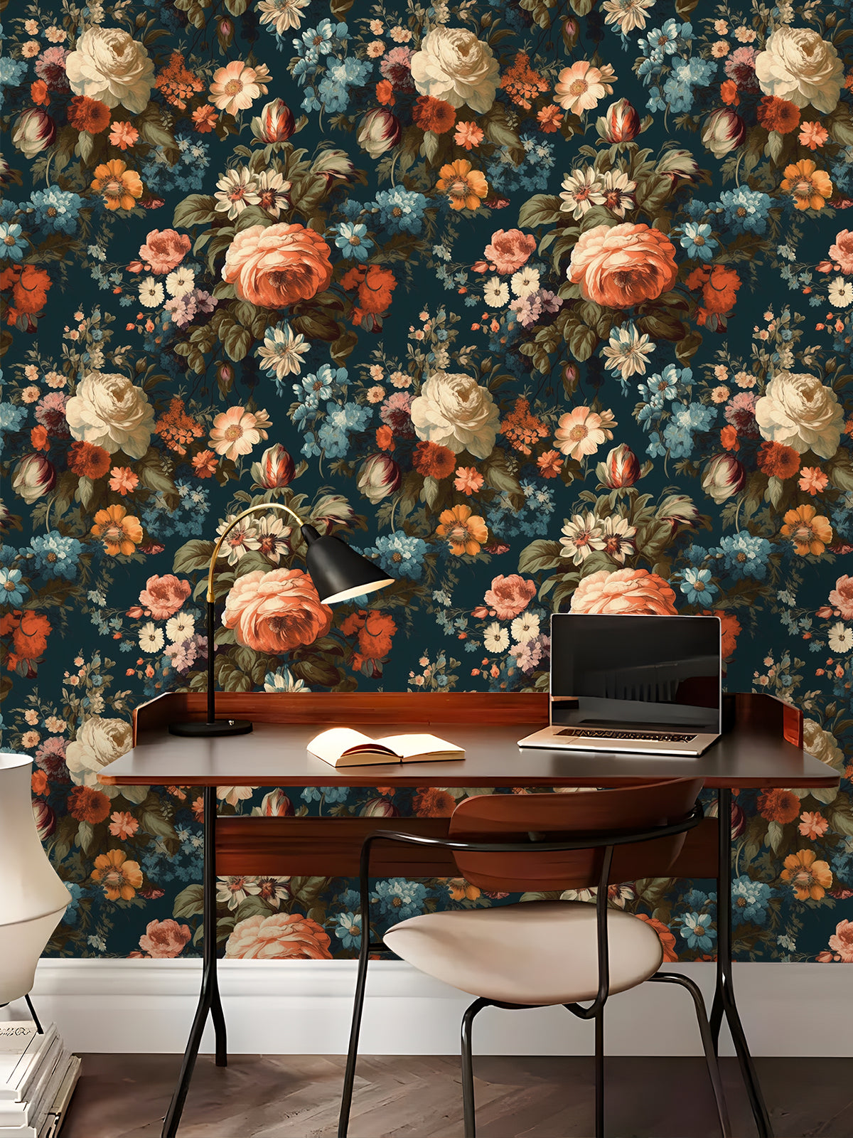 HaokHome Dark Botanical Vintage Floral Wallpaper - Orange Roses, Blue Daisies & White Peonies on Deep Teal Background
