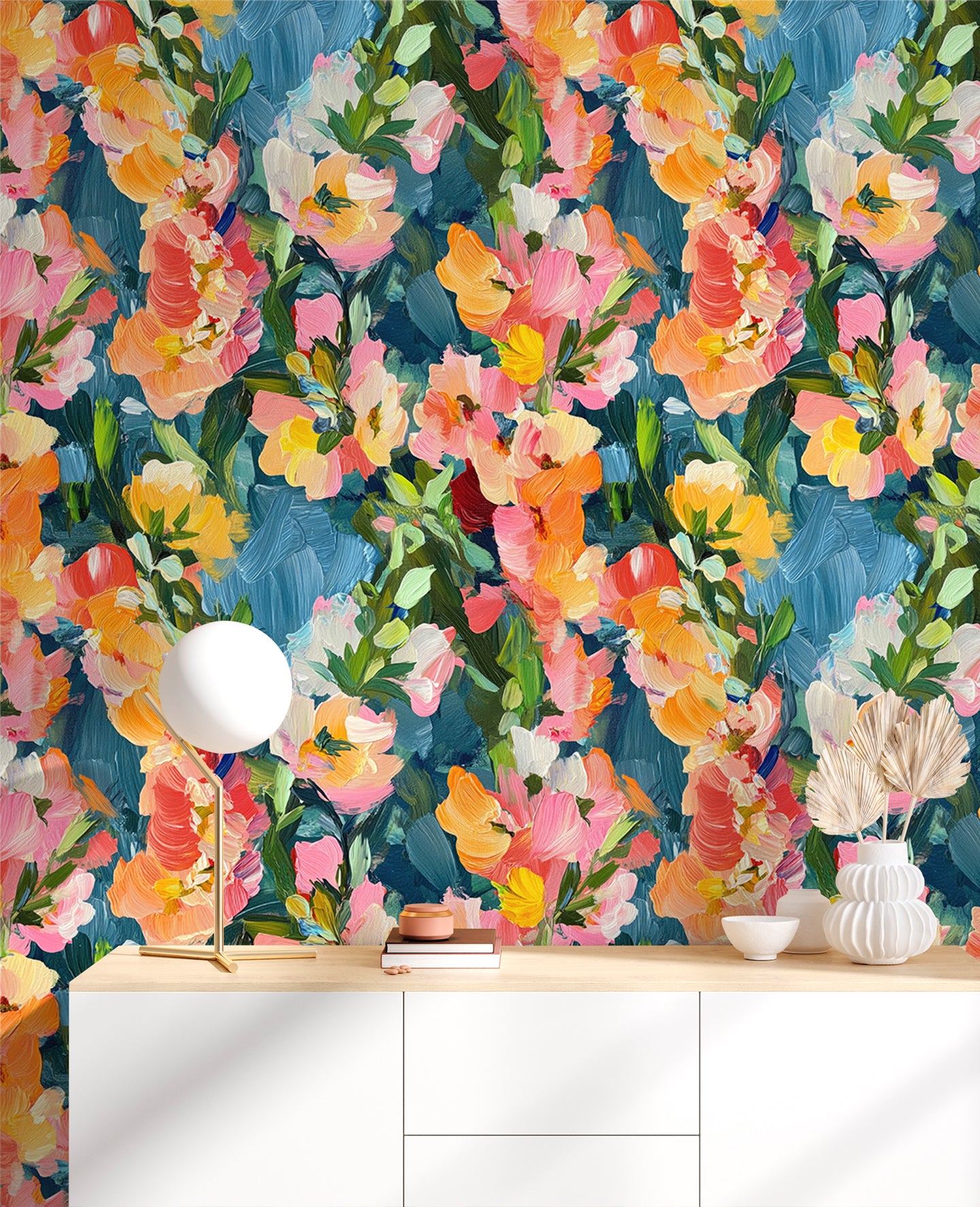 HaokHome Vibrant Abstract Floral Wallpaper Bold Brushstroke Flowers in Pink, Orange, and Yellow on Blue Background