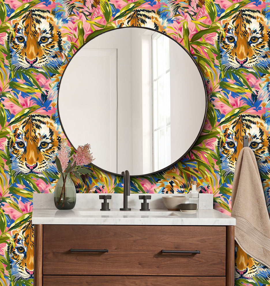 HaokHome layful Tiger and Tropical Bloom Wallpaper Colorful, Bold Design with Pink Flowers and Lush Greenery