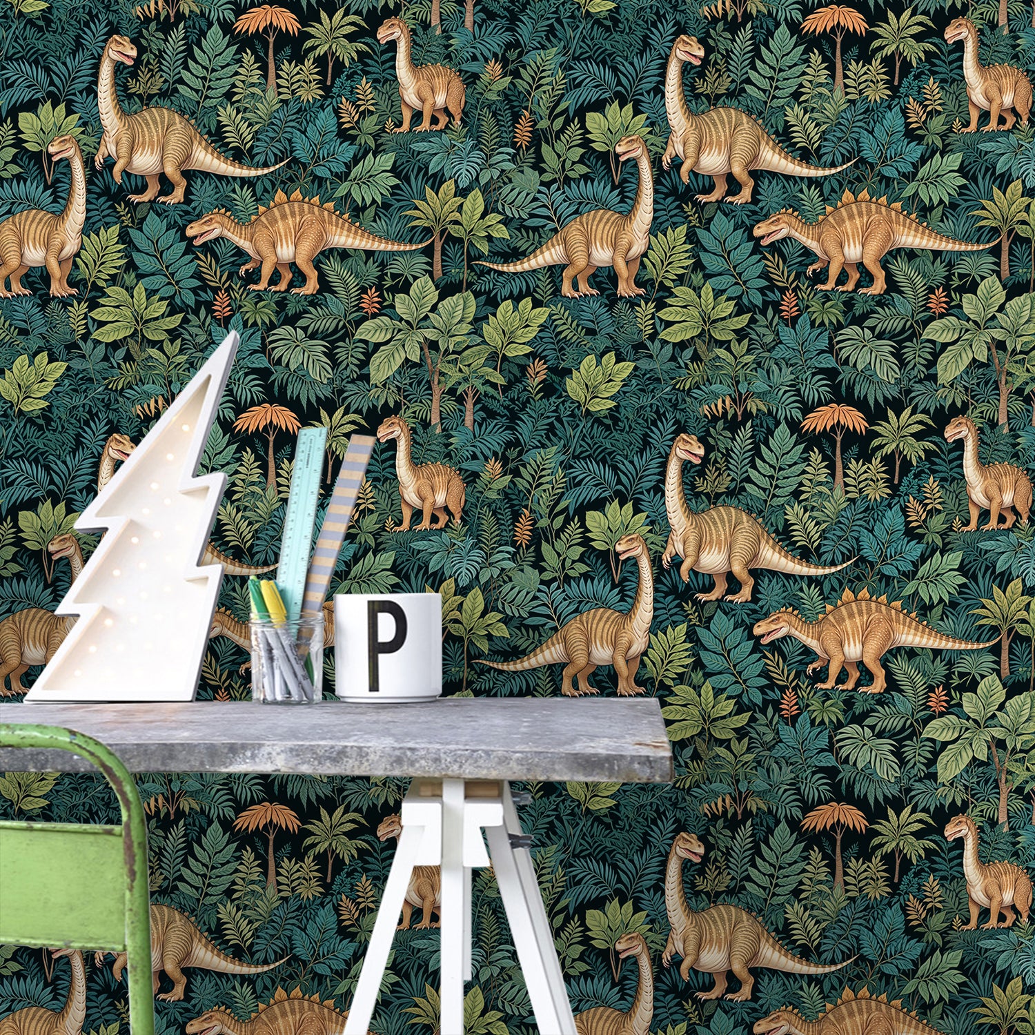 HaokHome Wallpaper Peel and Stick Dinosaur Jungle Foliage Wall Decor Removable Mural
