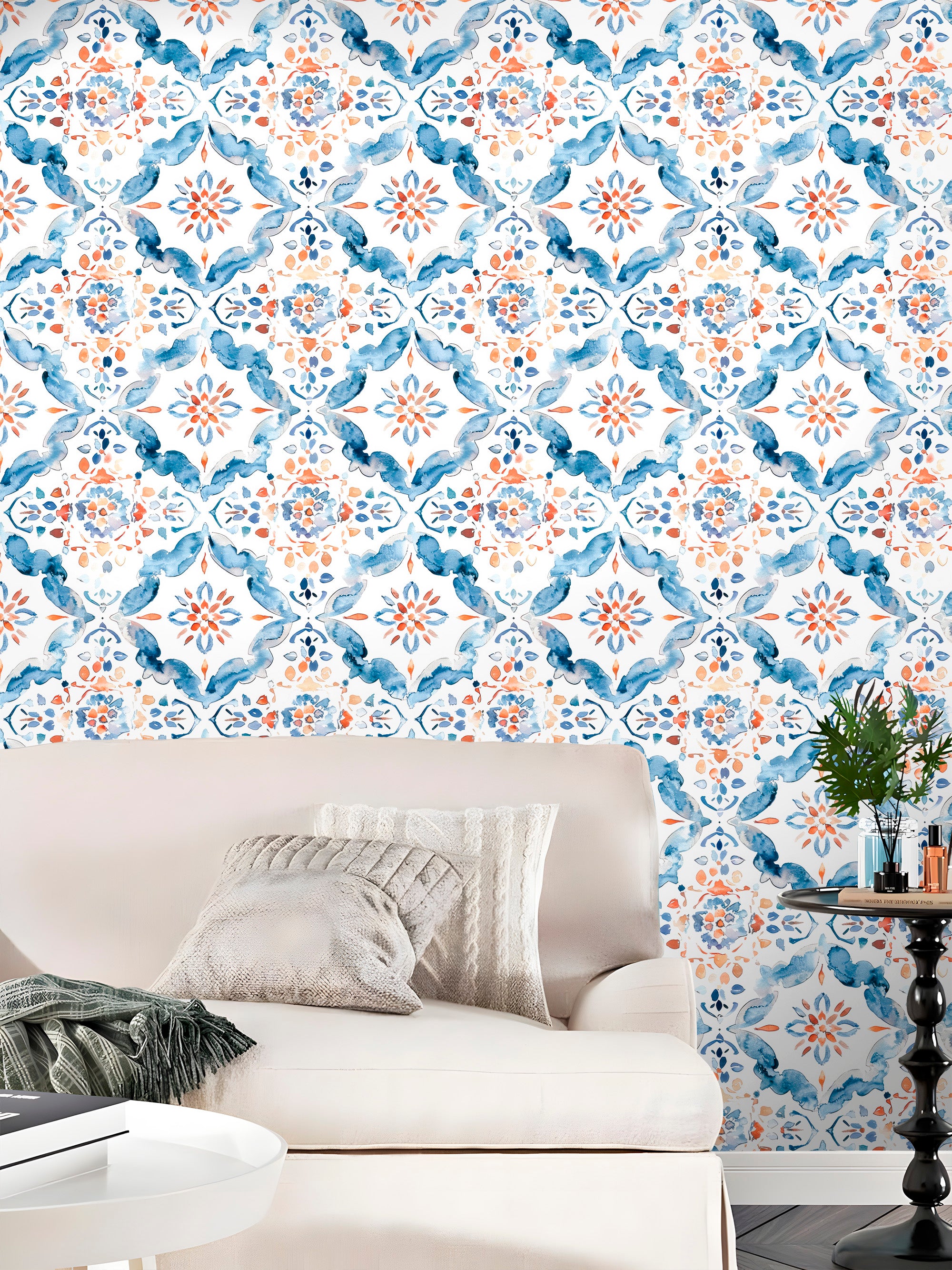 HaokHome Mediterranean Tile Peel and Stick Wallpaper Watercolor Pattern Removable Wall Decor for Kitchen & Bathroom