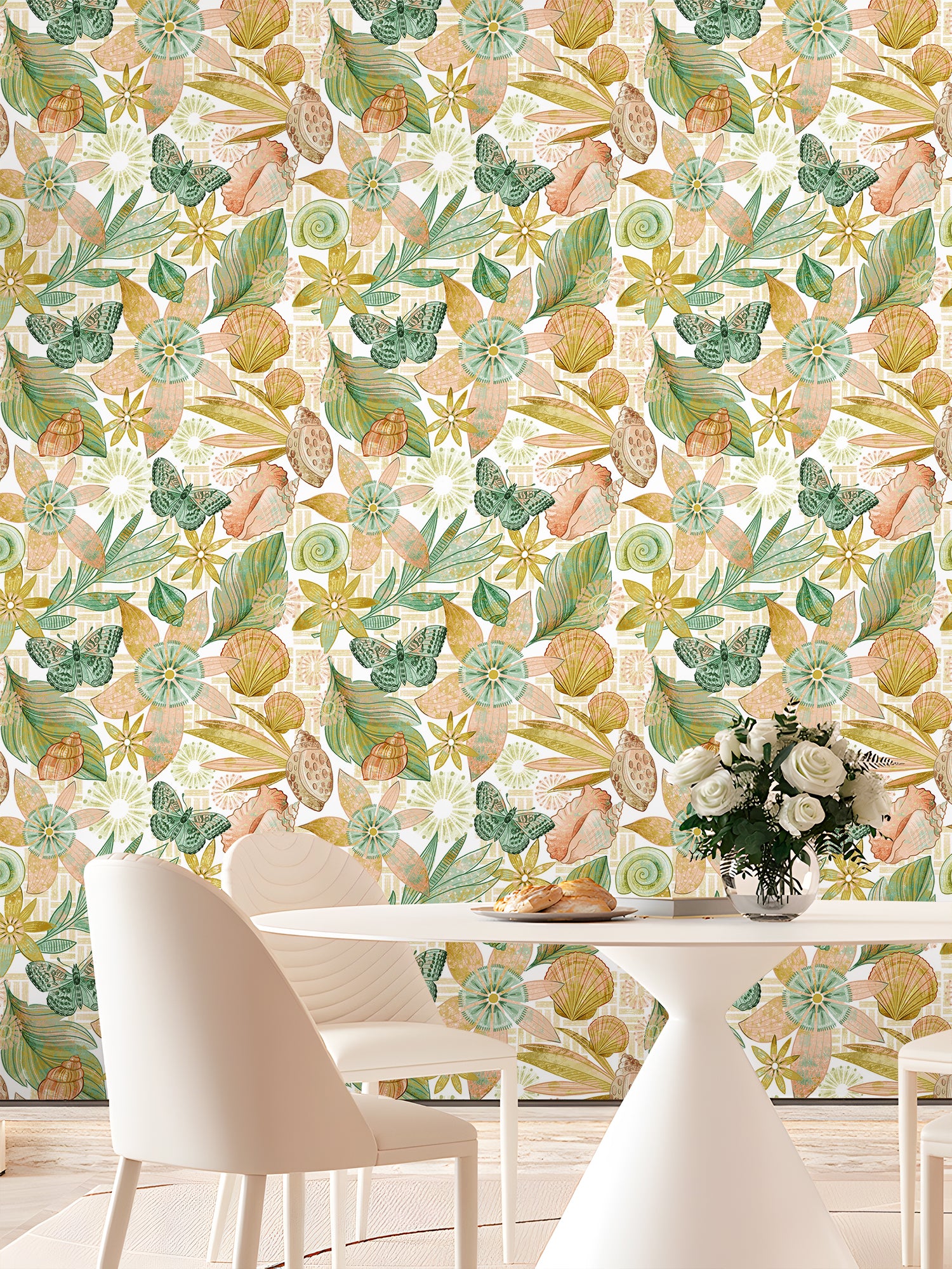 HaokHome Hand-Painted Floral and Butterfly Wallpaper with Seashells – Nature-Inspired Peel and Stick Wall Mural for Living Room & Bedroom Decor