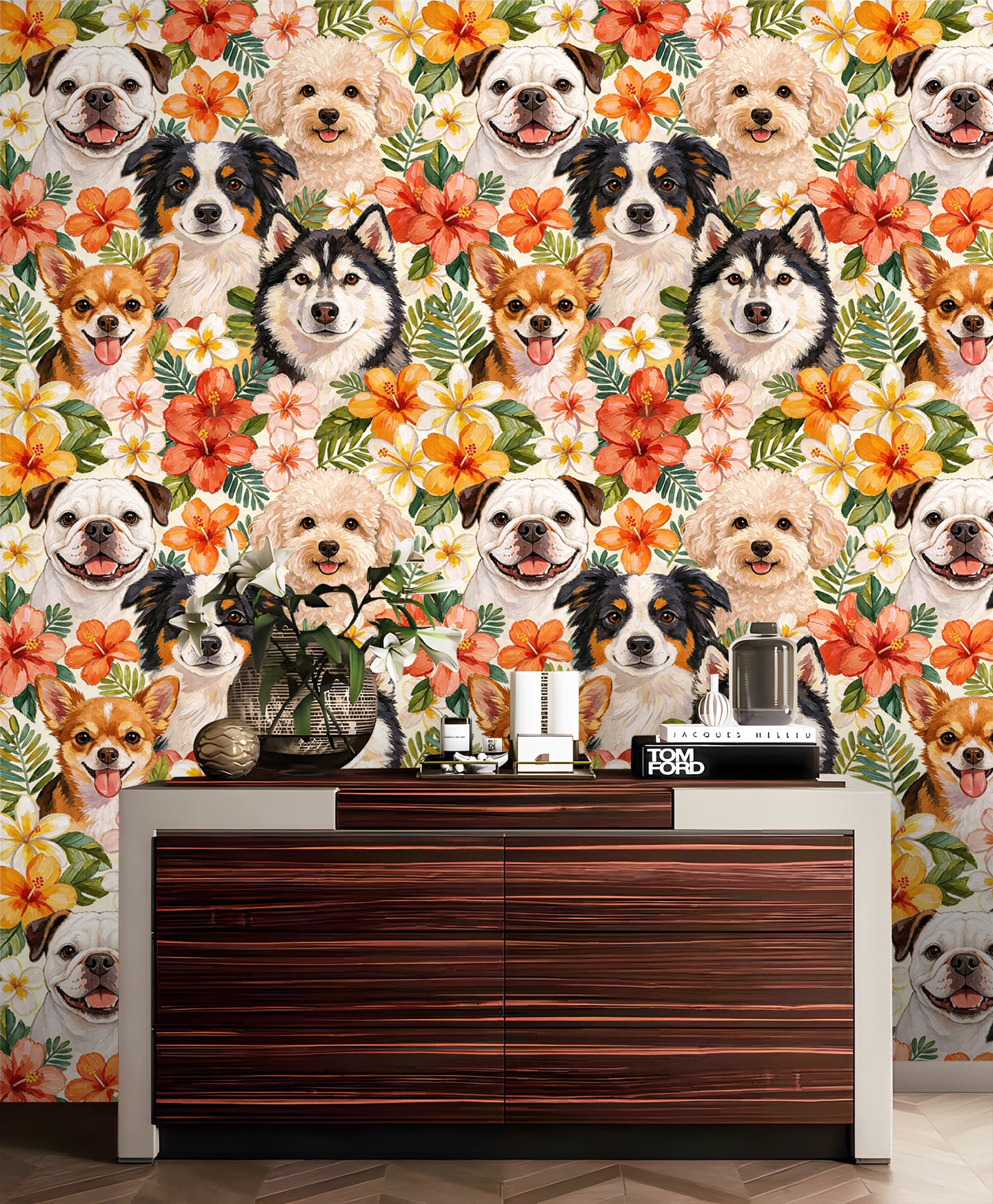 HaokHome Tropical Dog Floral Peel and Stick Wallpaper, Watercolor Puppy & Hibiscus Botanical Removable Self Adhesive Wallpaper