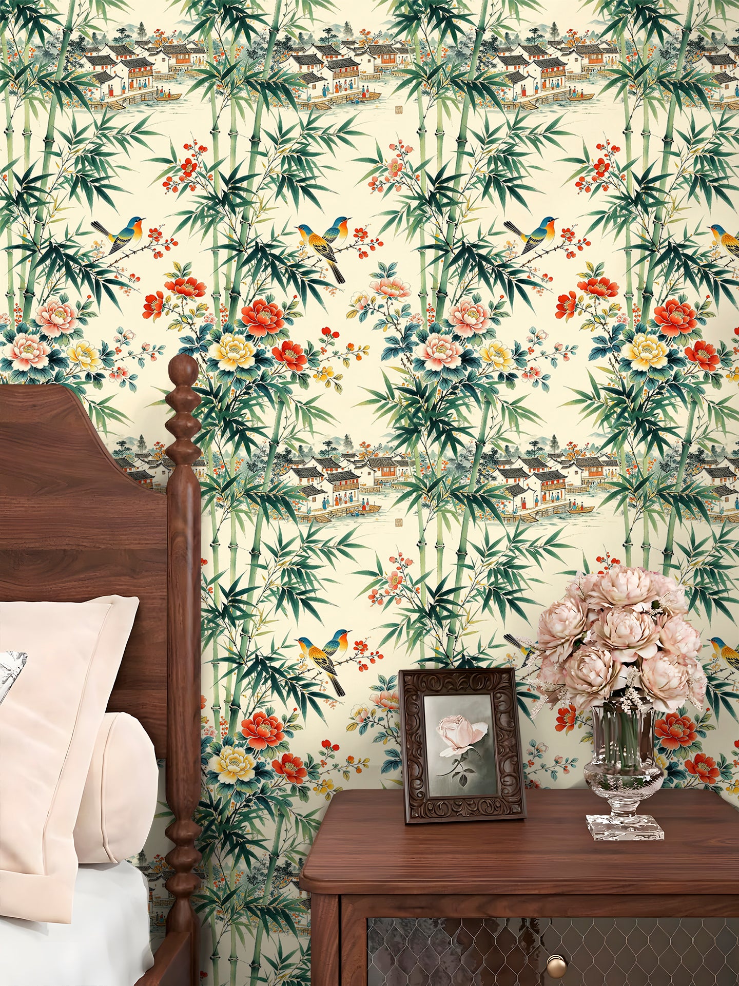 HaokHome Peel and Stick Wallpaper Chinoiserie Bamboo Bird Floral Landscape Wall Mural Removable Self Adhesive Vintage Botanical Wallpaper