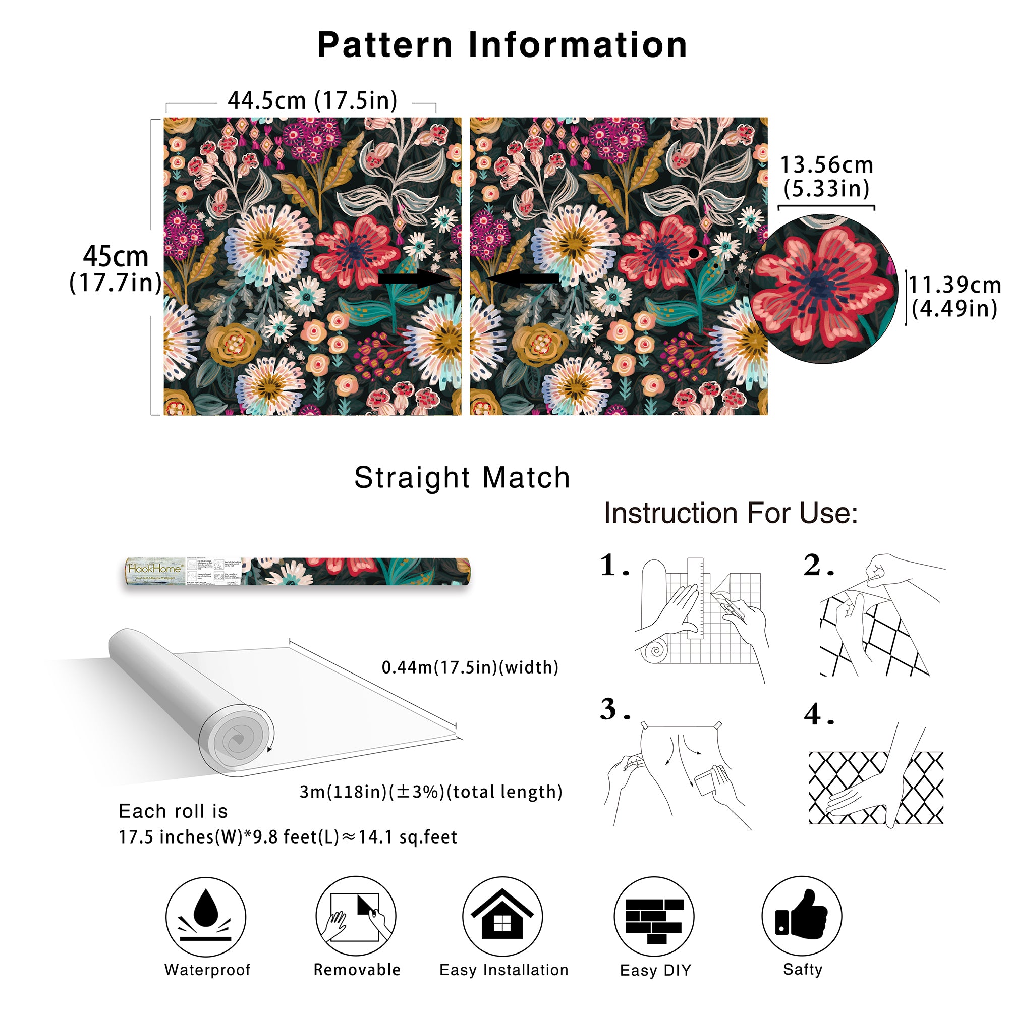 HaokHome Peel and Stick Wallpaper – Dark Moody Folk Wildflower Hand‑Drawn Botanical Removable Wallpaper for Accent Wall