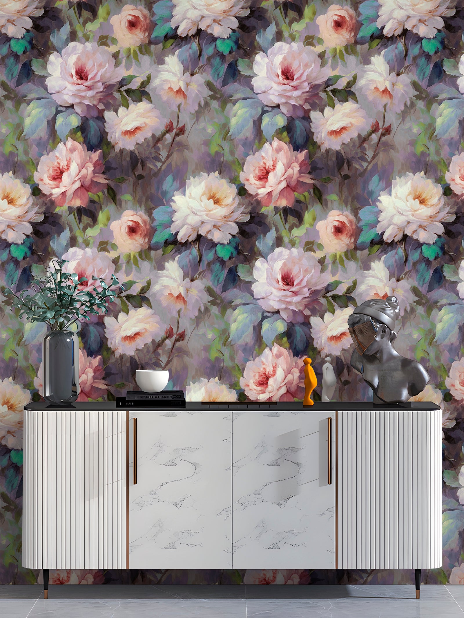 HaokHome Peel and Stick Wallpaper Vintage Oil Painting Peony Floral Style, Soft Pastel Muted Tone Removable Self Adhesive Wallpaper for Bedroom & Living Room